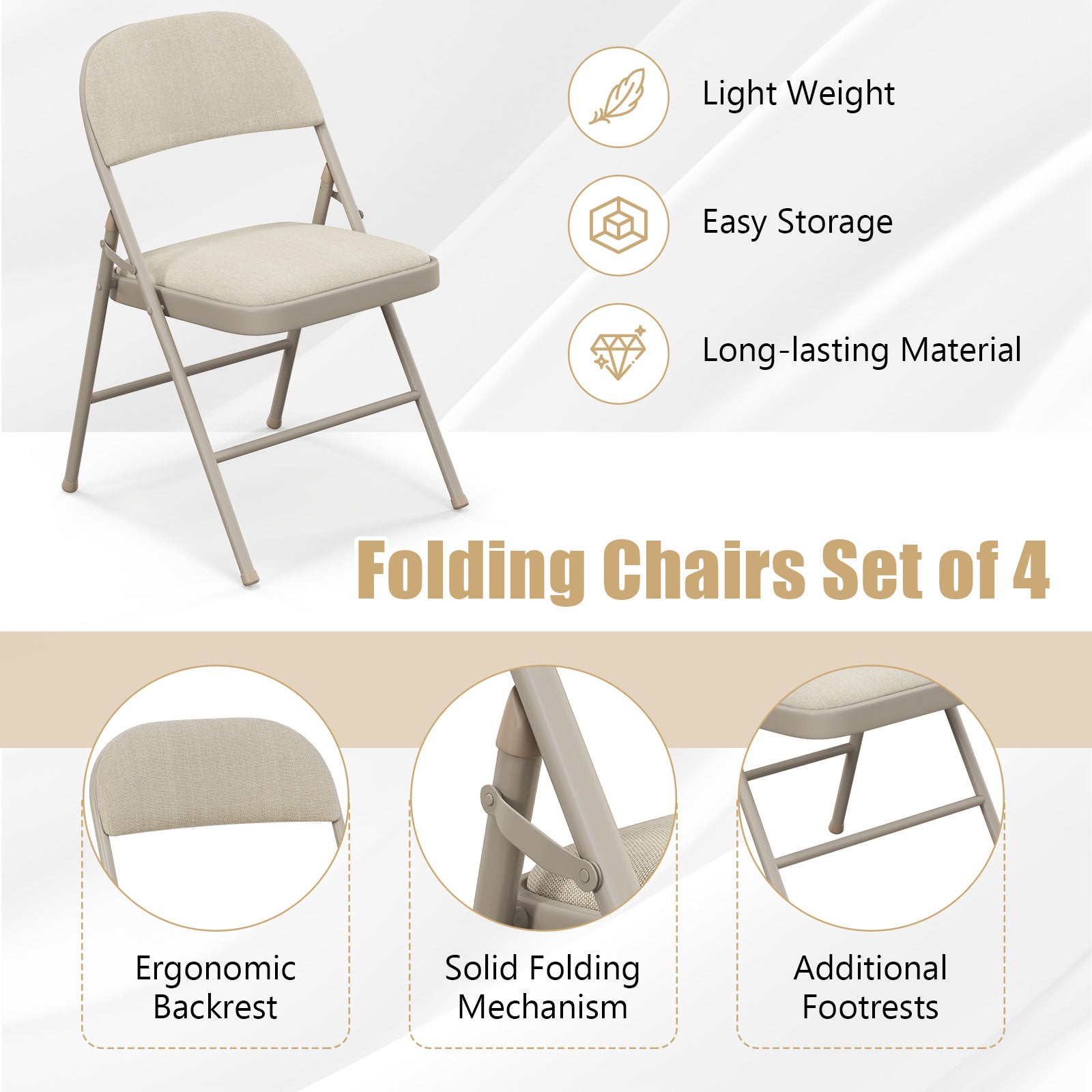 4-Pack Folding Chairs with Metal Frame and Fabric Upholstered Padded Seat