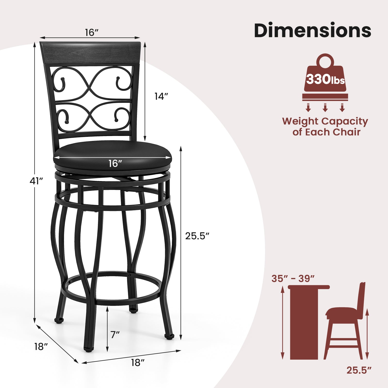 Giantex 26" Swivel Bar Stools Set of 2/4, Counter Height Bar Stools with Back, Upholstered PU Leather Seat, Black