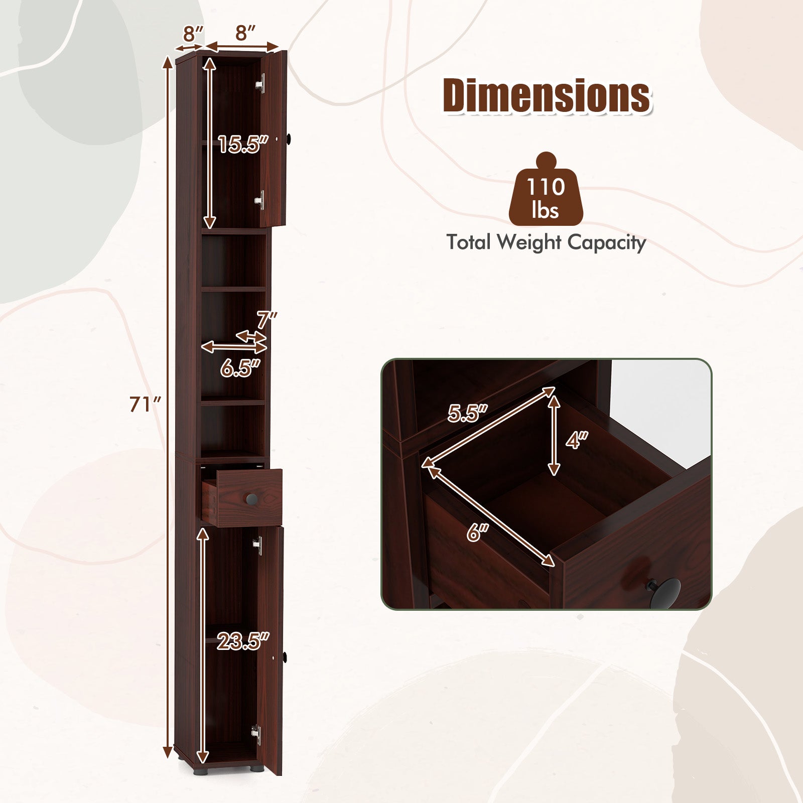 Giantex Slim Bathroom Storage Cabinet - 71" Tall Narrow Floor Cabinet Cupboard with 2 Doors, 5 Adjustable Shelves, 1 Drawer