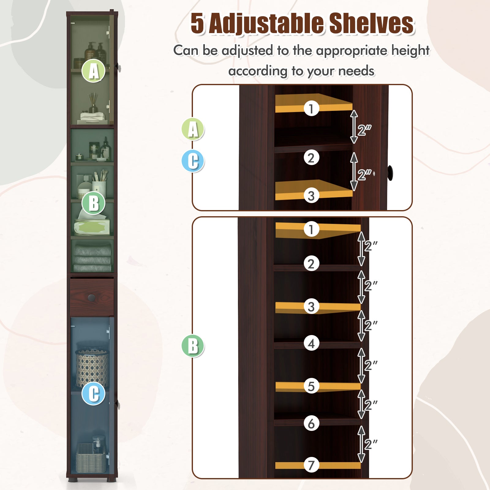 Giantex Slim Bathroom Storage Cabinet - 71" Tall Narrow Floor Cabinet Cupboard with 2 Doors, 5 Adjustable Shelves, 1 Drawer