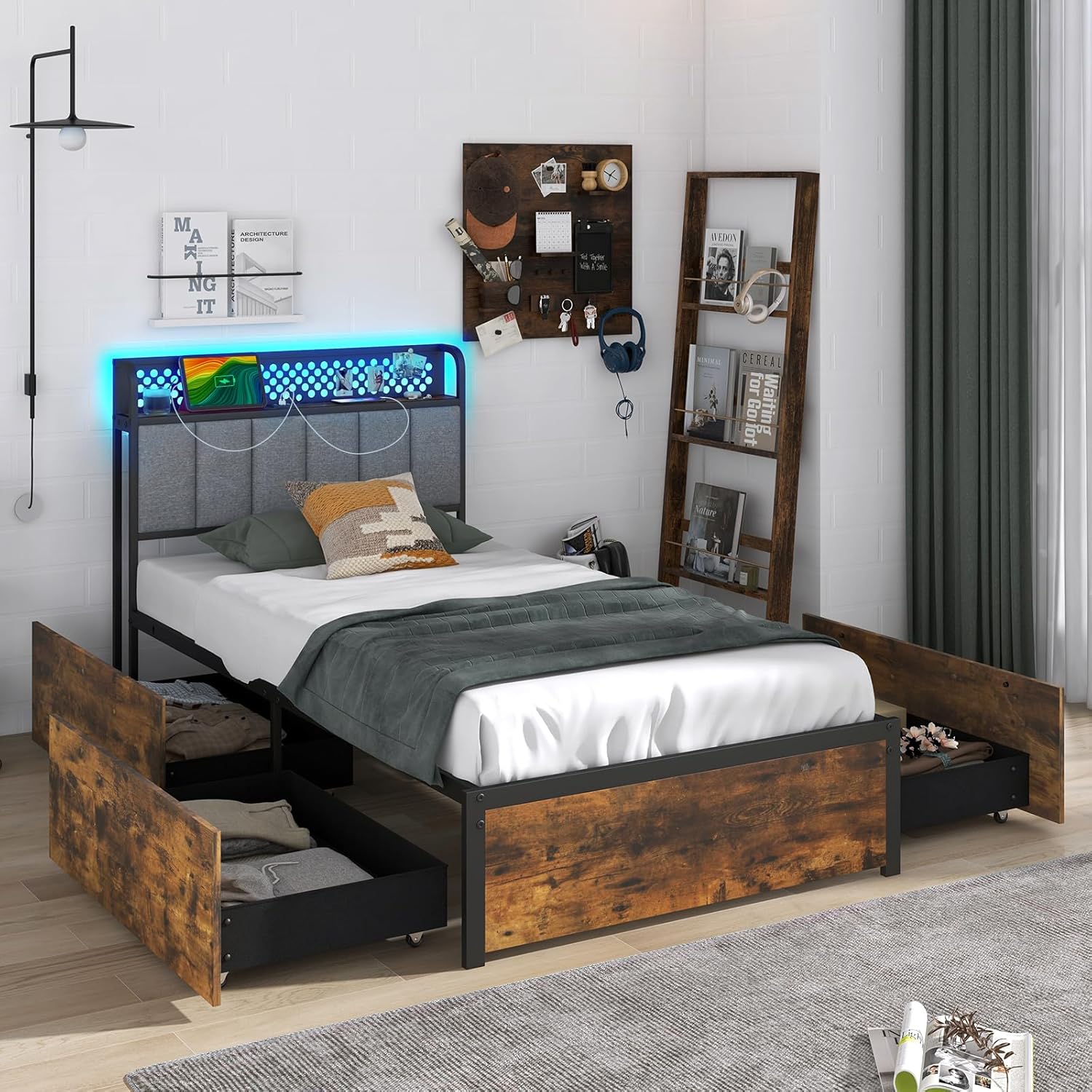 Giantex LED Bed Frame with Charging Station, Metal Platform Bed with Upholstered Headboard & 4 Storage Drawers