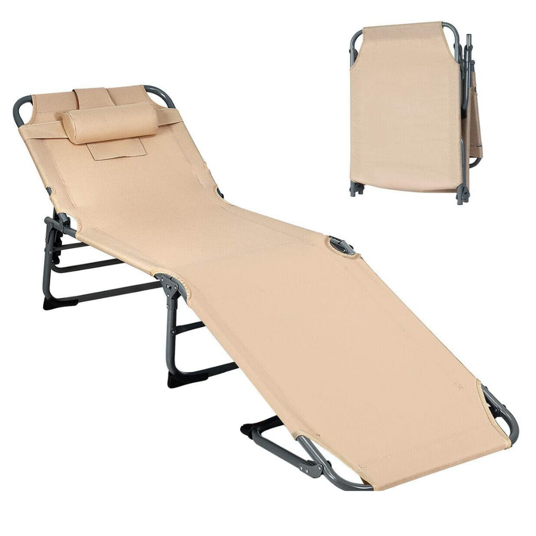 Outdoor Folding Chaise Lounge Chair, Adjustable Camping Recliner Chair