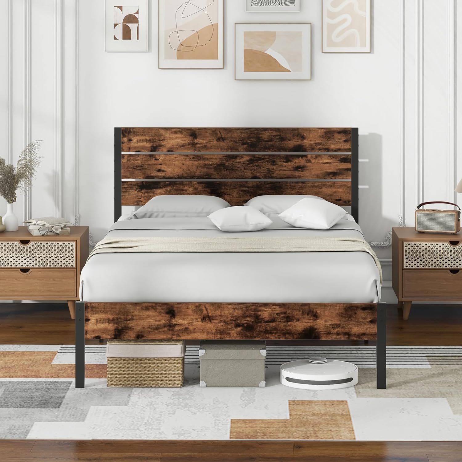 Giantex Metal Platform Bed Frame, Industrial Bed Frames with Wood Headboard