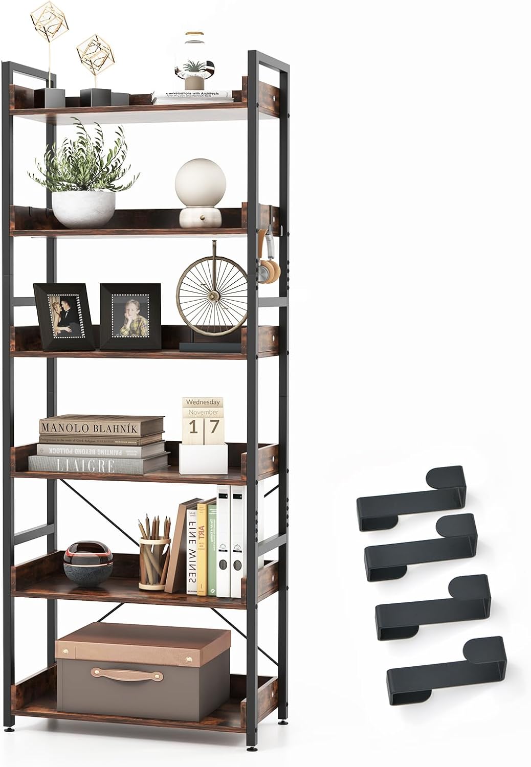 Giantex Industrial 6-Tier Bookshelf, 70" Tall Freestanding Storage Display Shelf with 4 Hooks