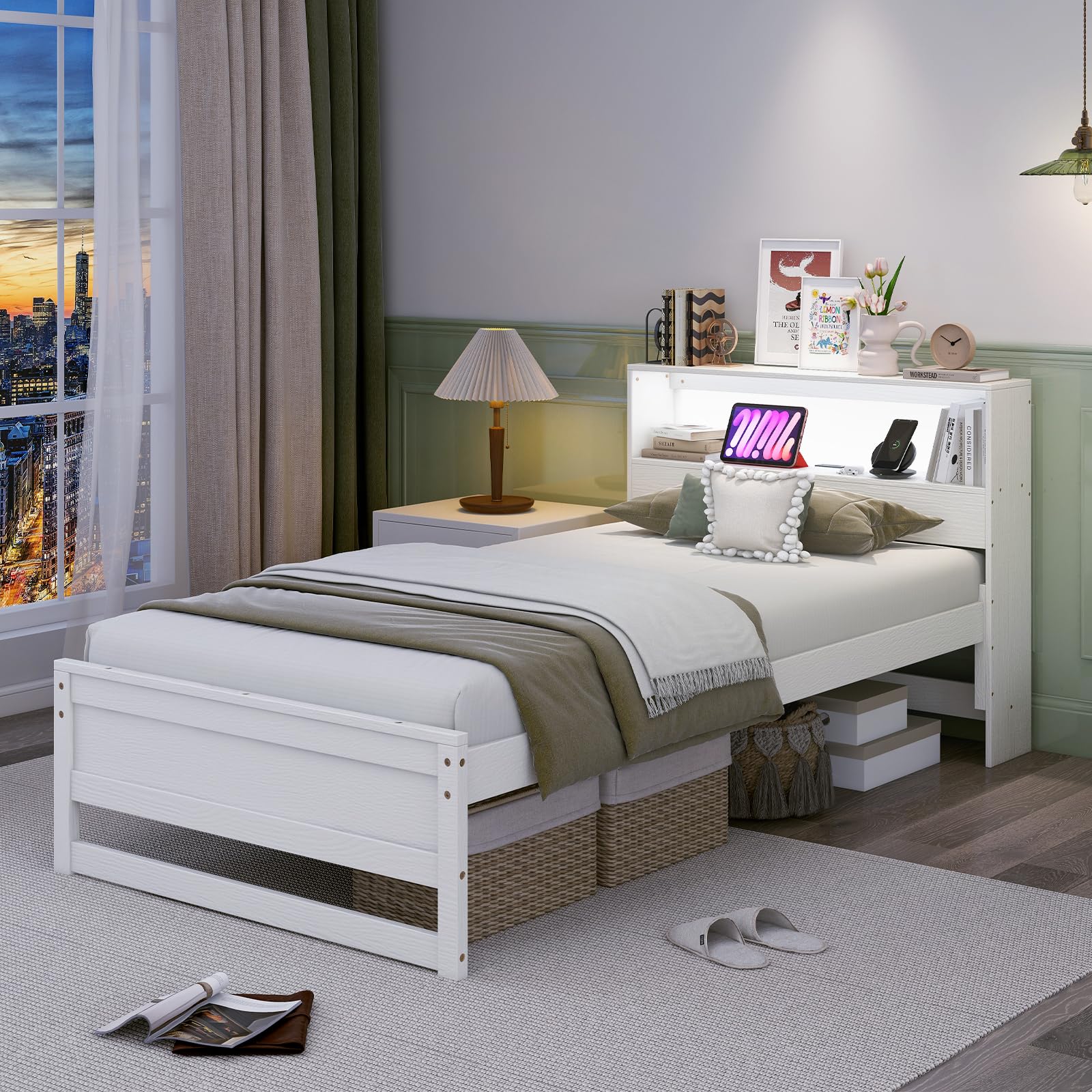 Giantex Twin Bed Frames with Storage Headboard, Wood Platform Bed with Charging Station & LED Light