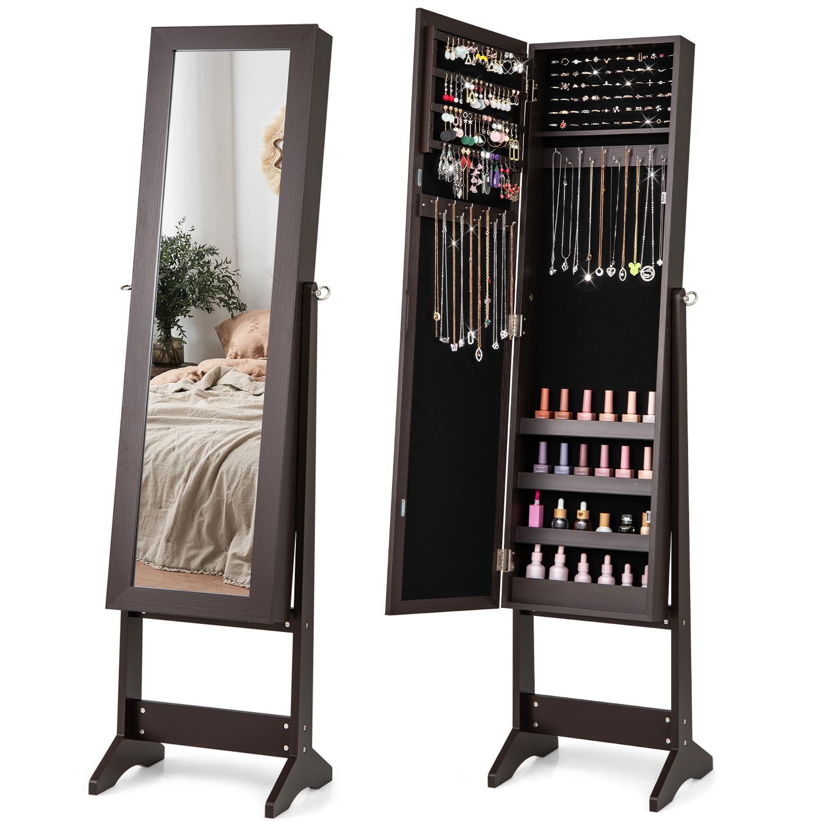 Jewelry Cabinet with Full-Length Mirror, Standing Jewelry Armoire Organizer