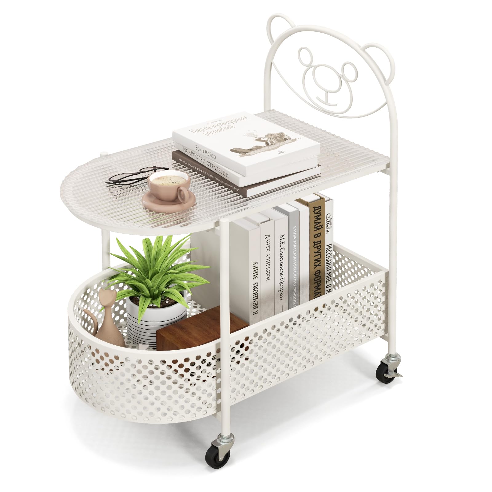 Giantex Mobile Glass Coffee Table, 2-Tier Modern Cocktail Table with Bear Pattern, Storage Basket & Metal Frame