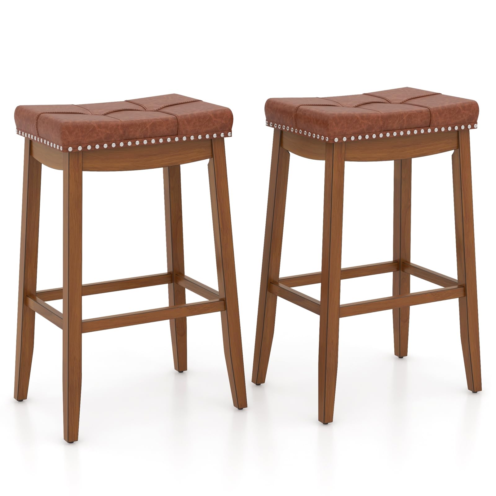 Giantex Bar Stools Set, 29" Counter Height Bar Stools w/Saddle Seat, Footrest, Rivet, Button Tufted, Rubber Wood Frame