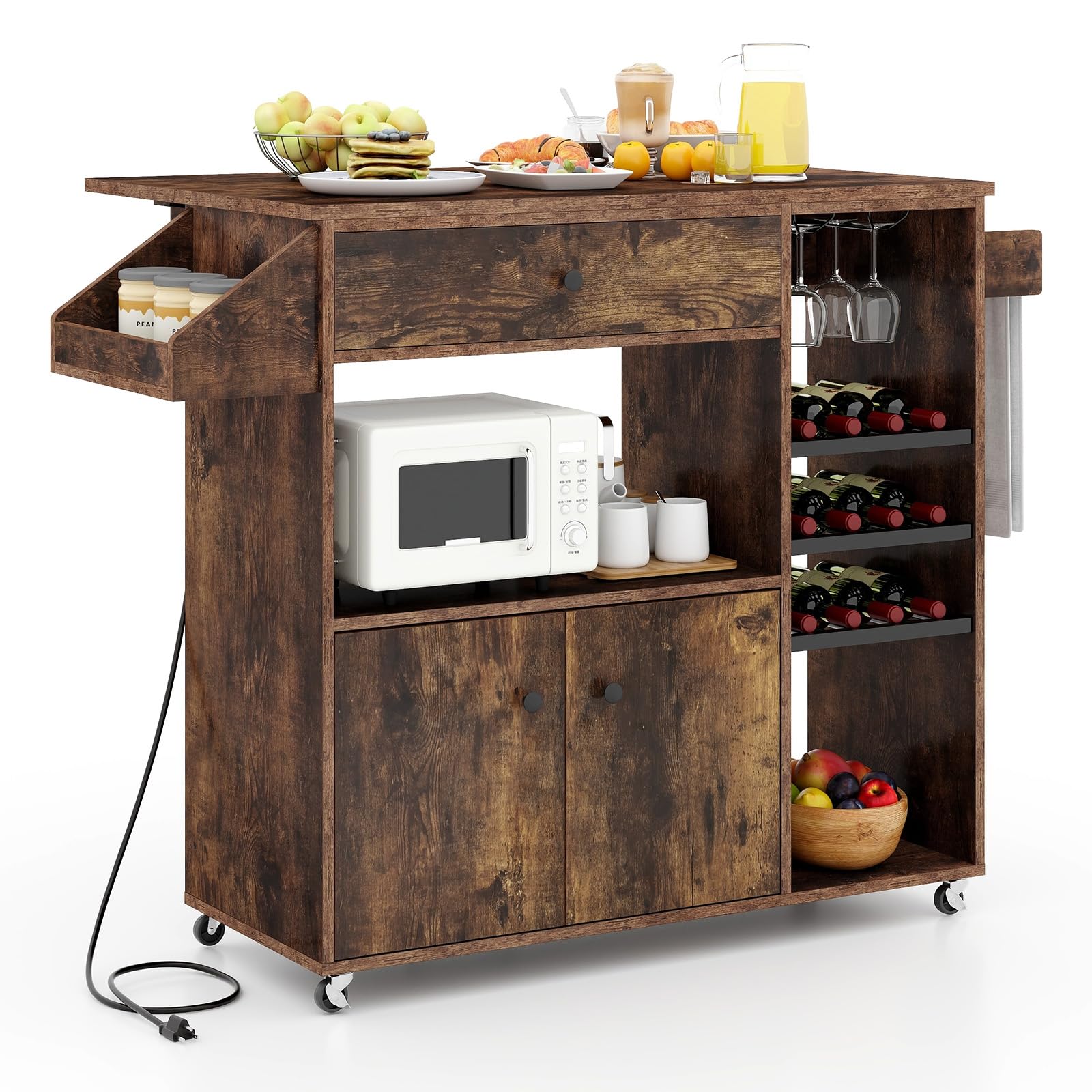 Giantex Rolling Kitchen Island Cart with Drop Leaf, Power Outlet, Spice Rack, 12 Wine Rack