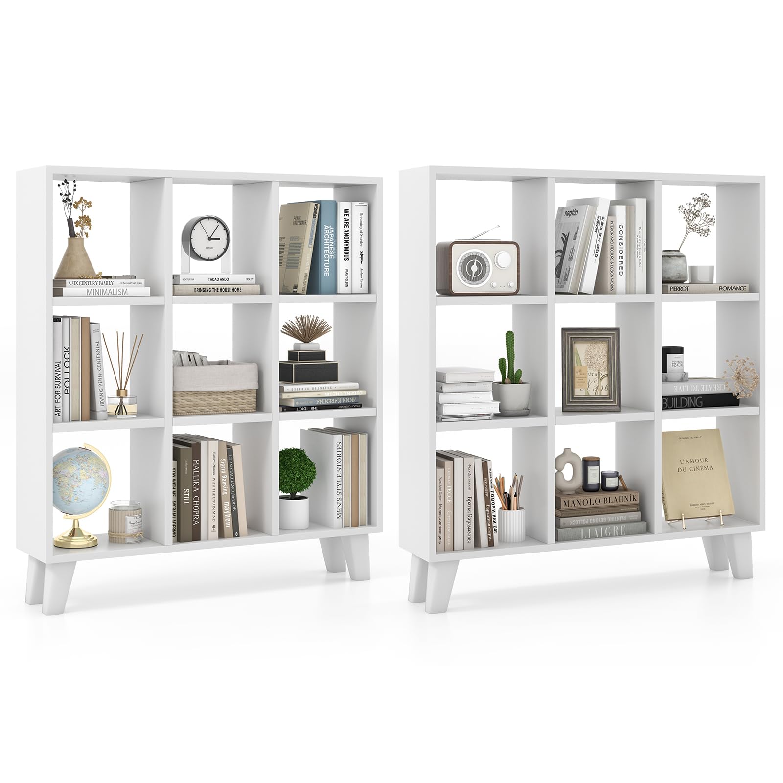 Giantex 9-Cube Open Bookcase, 3-Tier Freestanding Bookshelf with 4 Slanted Legs & 6 Removable Shelves