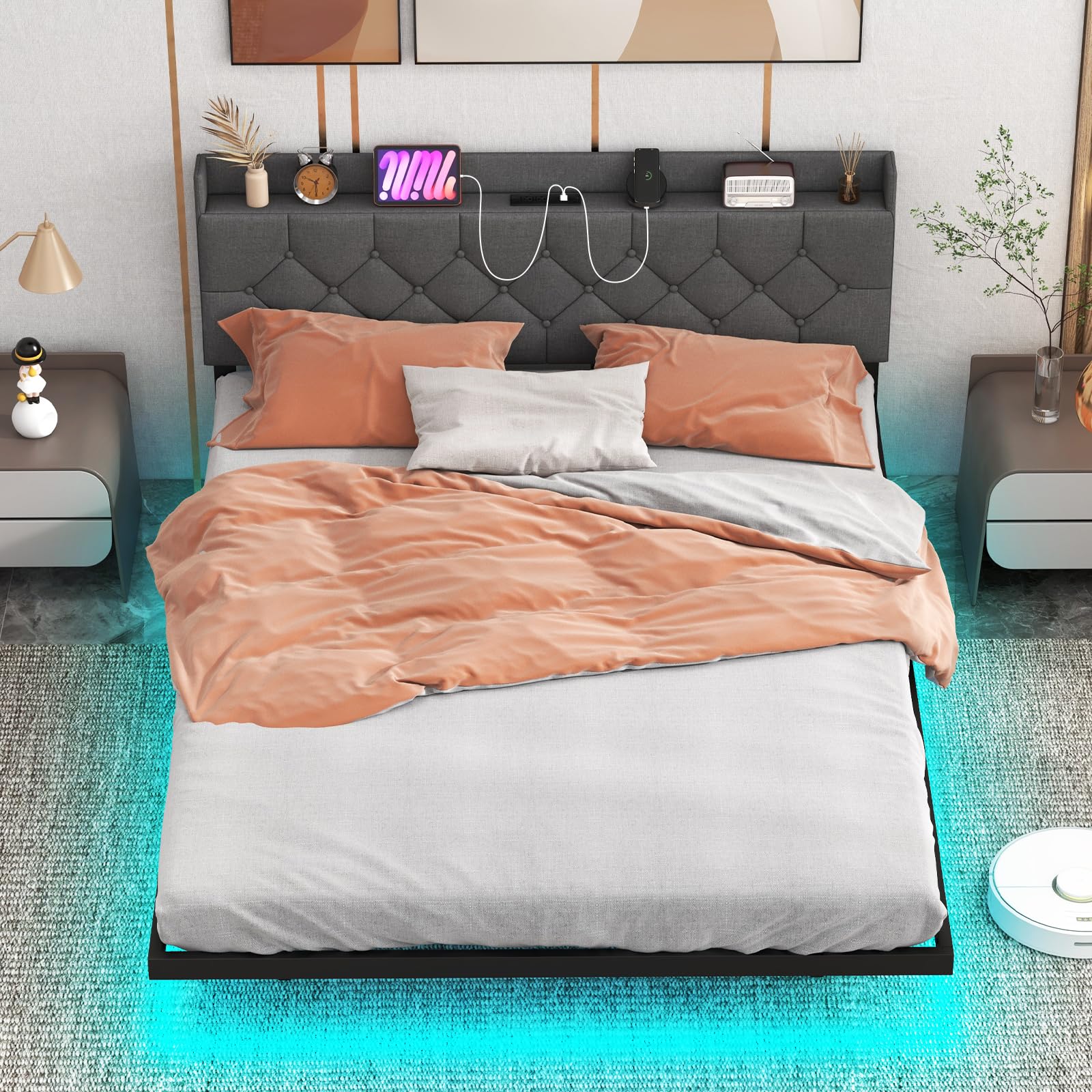 Giantex Floating Bed Frame with LED Lights, Modern Platform Bed with Adjustable Upholstered Headboard & Charging Station