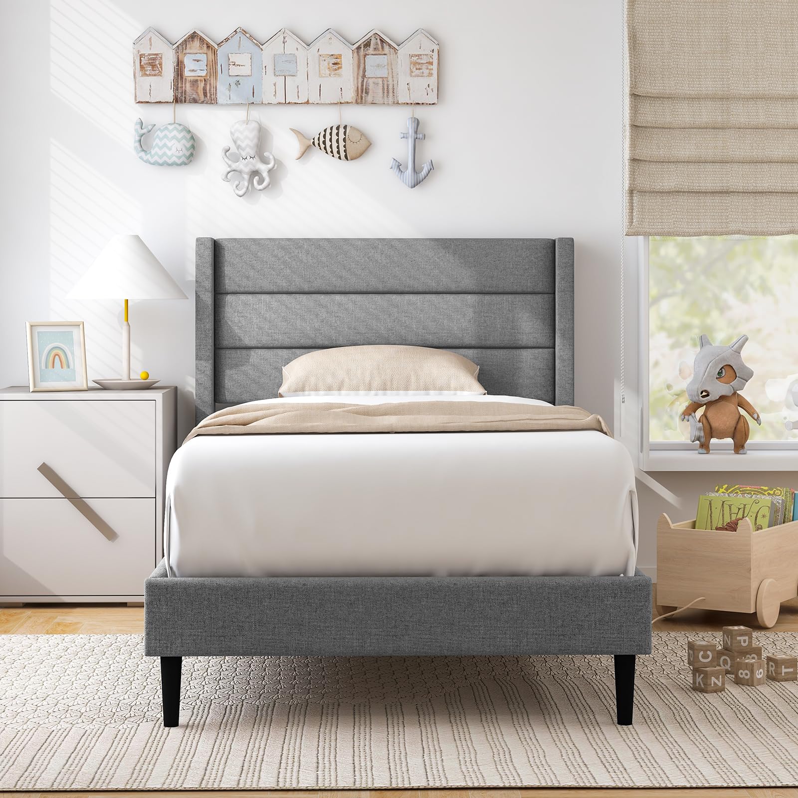 Giantex Bed Frame, Modern Linen Upholstered Platform Bed with Wingback Headboard