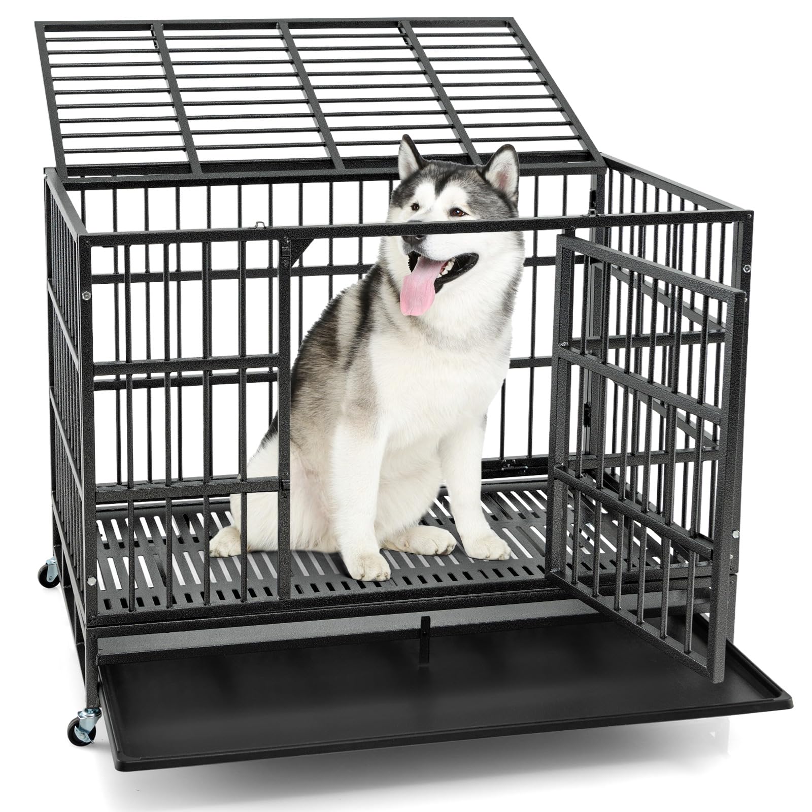 Giantex Heavy Duty Dog Crate, Escape Proof Metal Dog Cage with Double Door