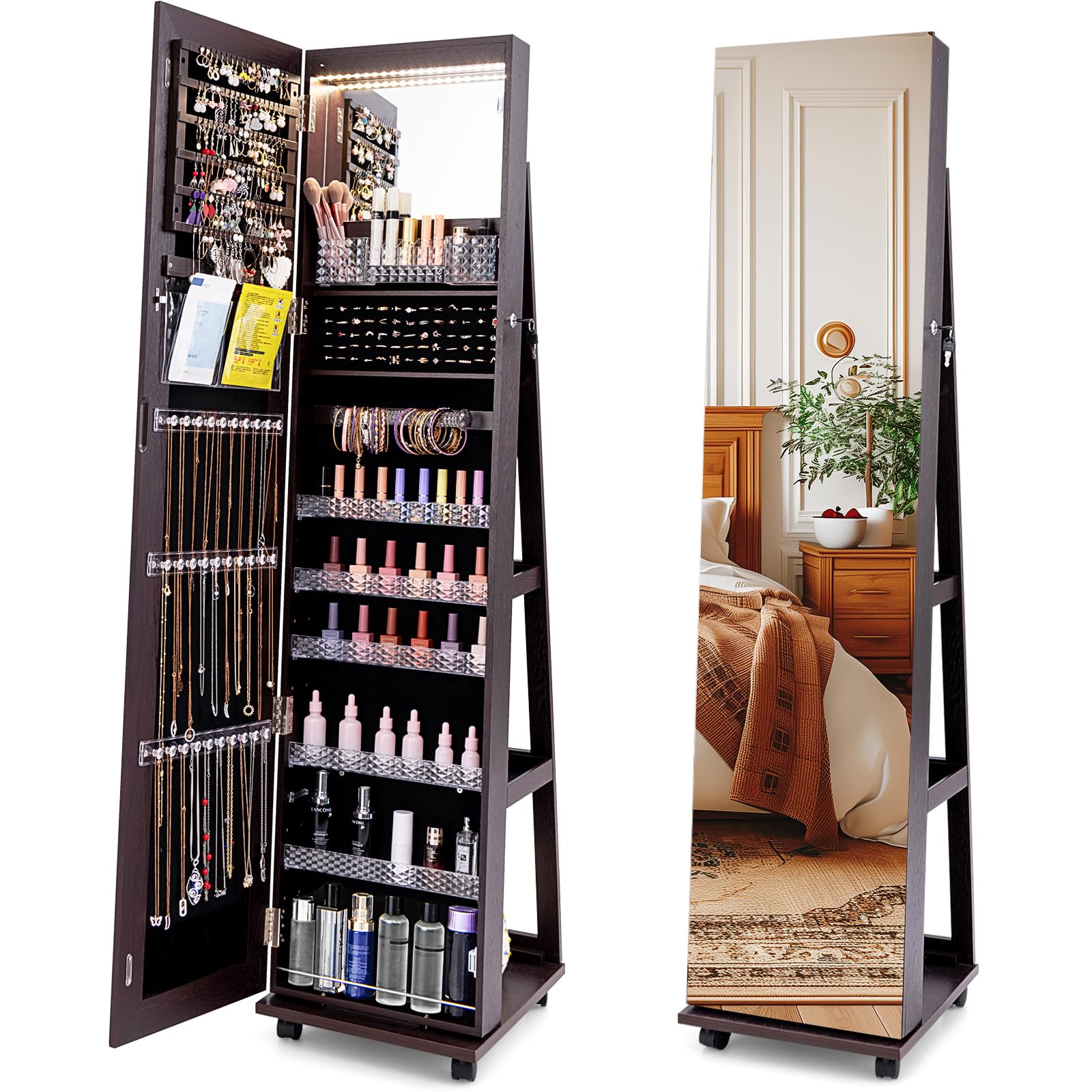 CHARMAID Jewelry Cabinet Armoire with Wheels, 64" Full Length Mirror with Jewelry Storage