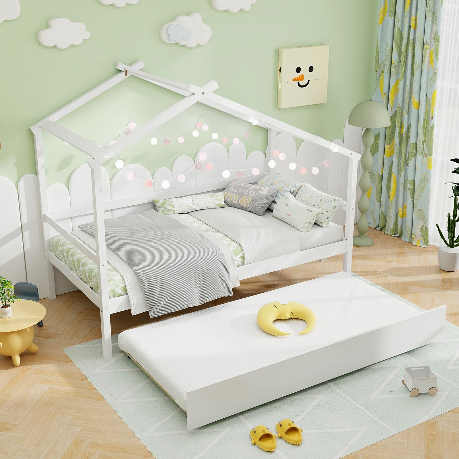 Giantex Wood House Bed for Kids, Twin Bed Frame with Trundle Bed Twin