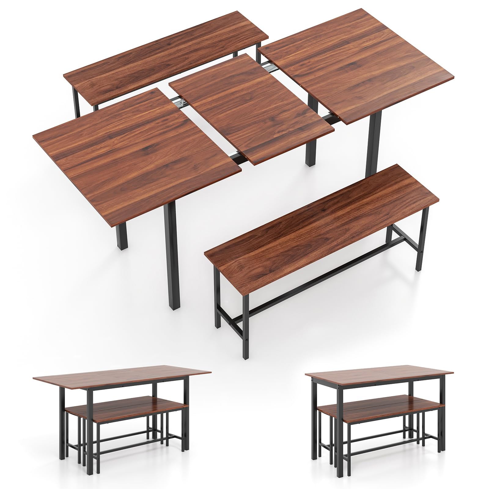 Giantex Dining Room Table Set for 4-6, 3 Piece Dining Table Set, 63” Extendable Dining Table with 2 Benches