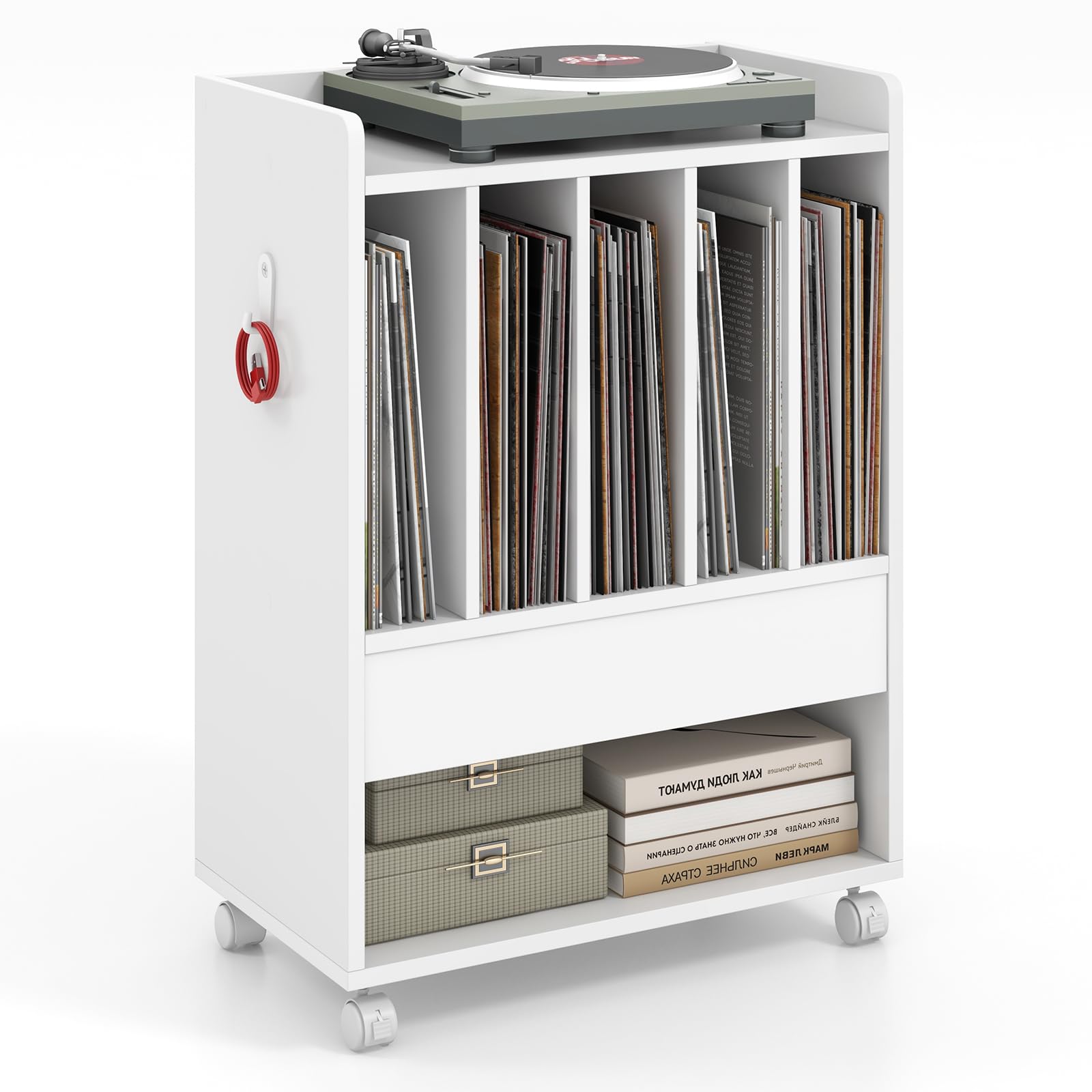 Giantex Record Player Stand, Rolling Turntable Stand with Drawer, Hook & Lockable Wheels