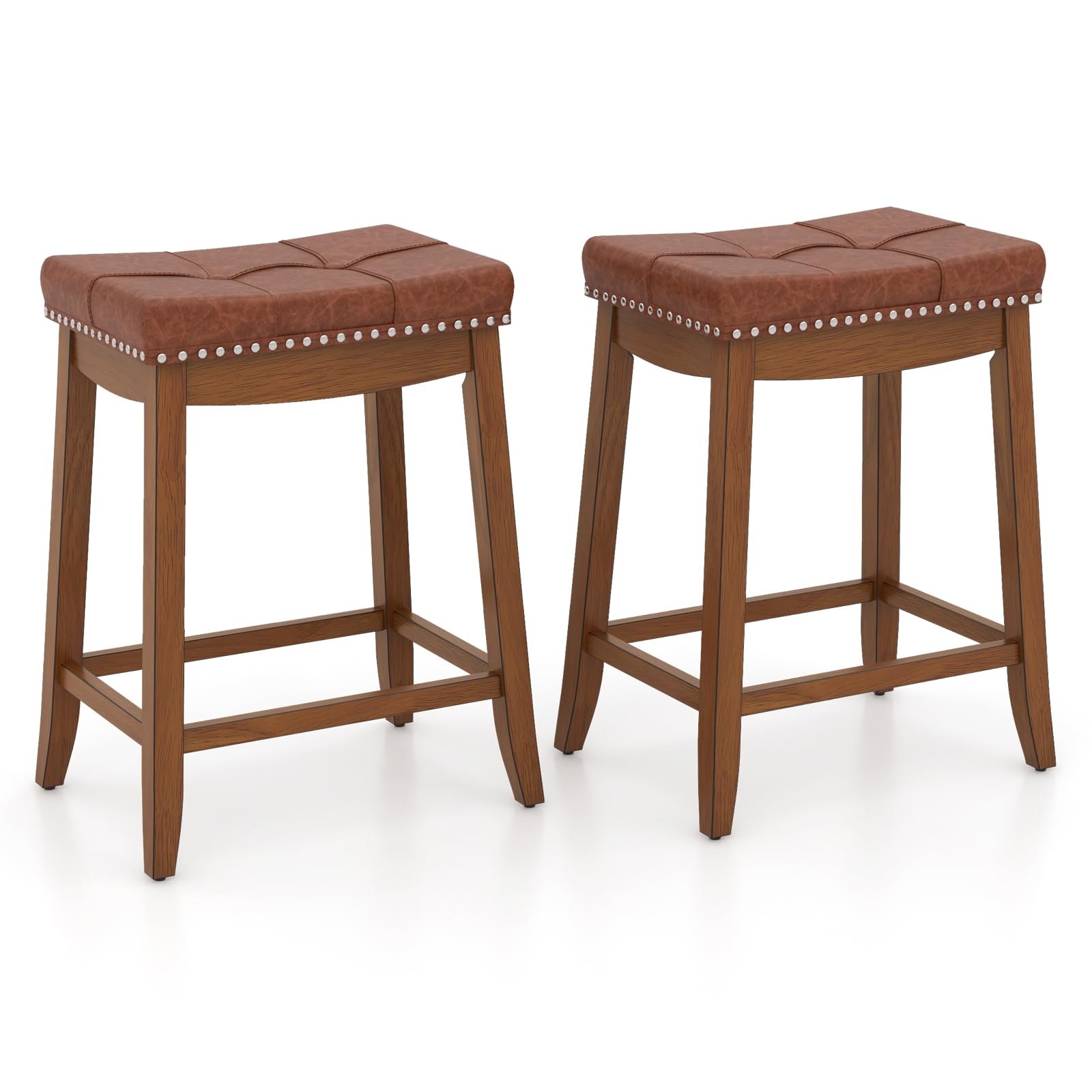 Giantex Bar Stools Set, 25" Counter Height Bar Stools w/Saddle Seat, Footrest, Rivet, Button Tufted, Rubber Wood Frame