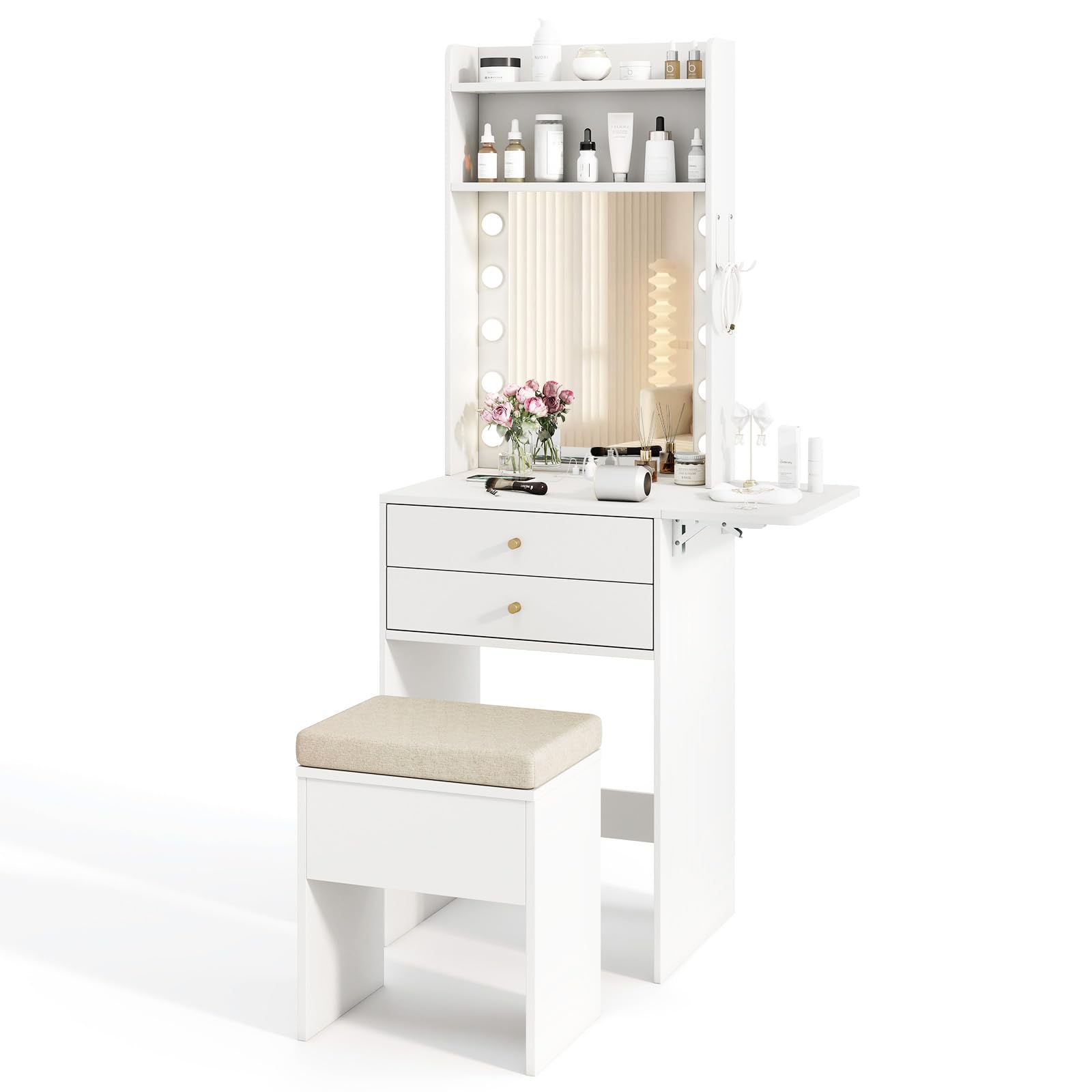 CHARMAID Small Vanity Desk with Mirror and Lights, Makeup Vanity Table with Charging Station, Drawers, Shelves, Foldable Side Table