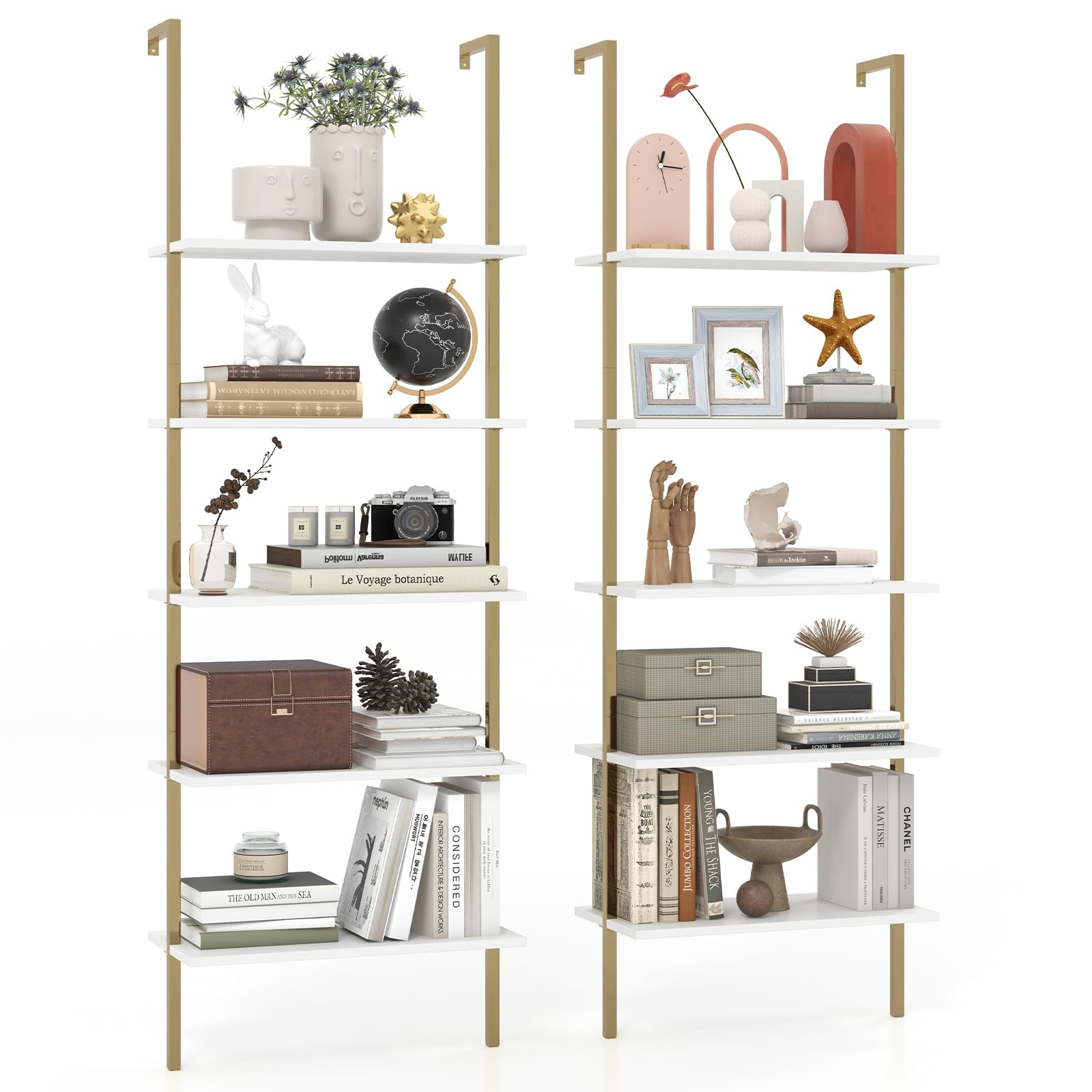 Giantex 5 Tier Modern Wall Mounted Bookshelf, 71'' White and Gold Wood Bookcase with Steel Frame