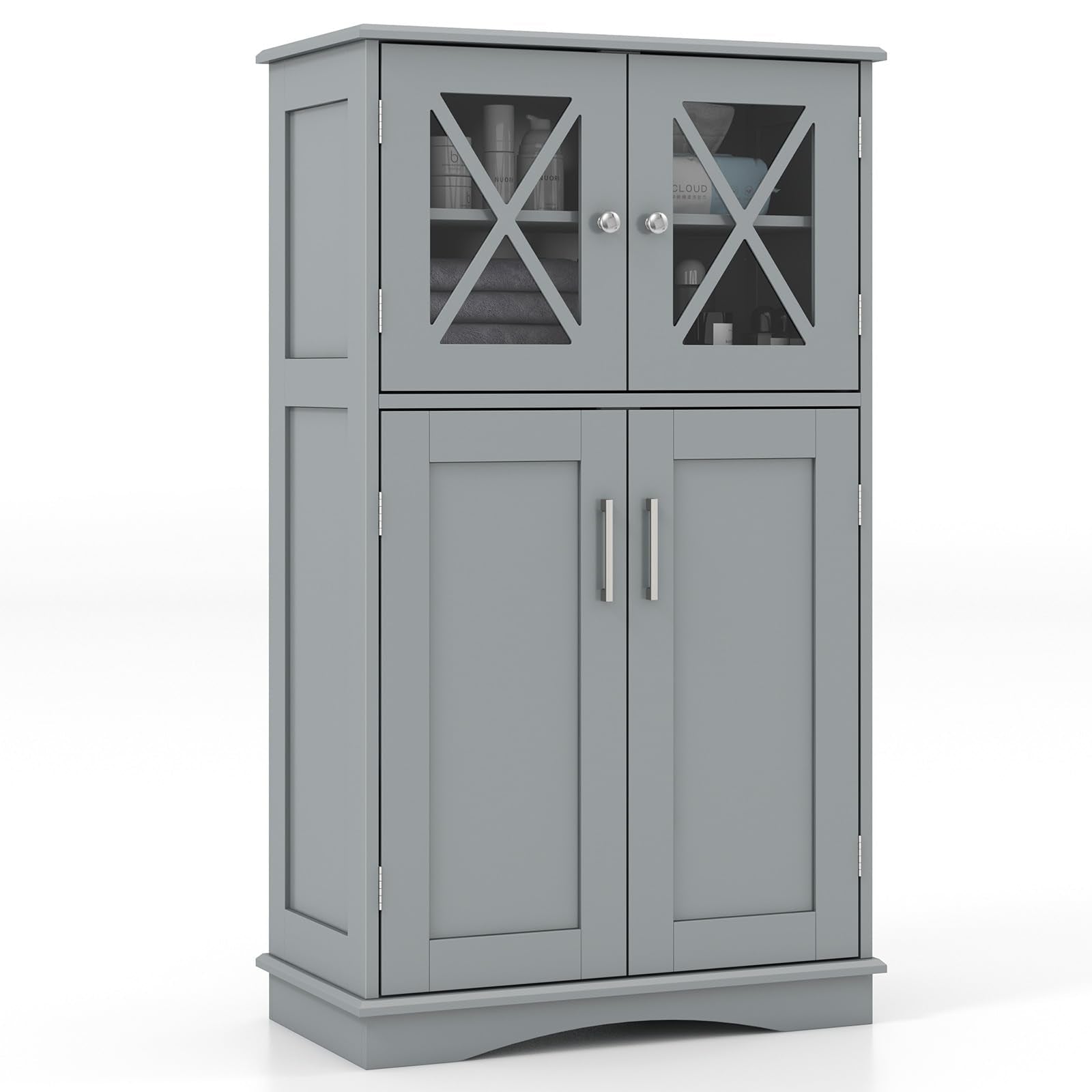 Giantex Bathroom Floor Storage Cabinet - Linen Floor Cabinet with Doors and Adjustable Shelves