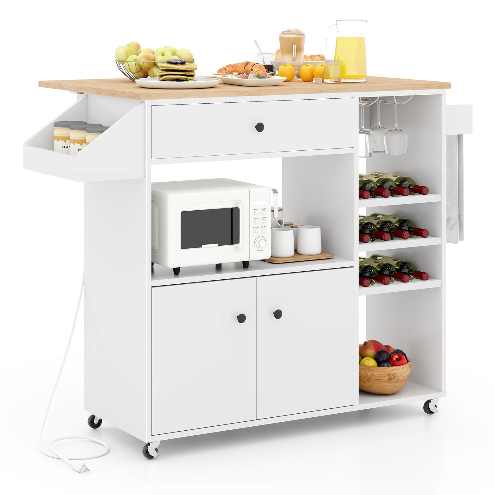 Giantex Rolling Kitchen Island Cart with Drop Leaf, Power Outlet, Spice Rack, 12 Wine Rack