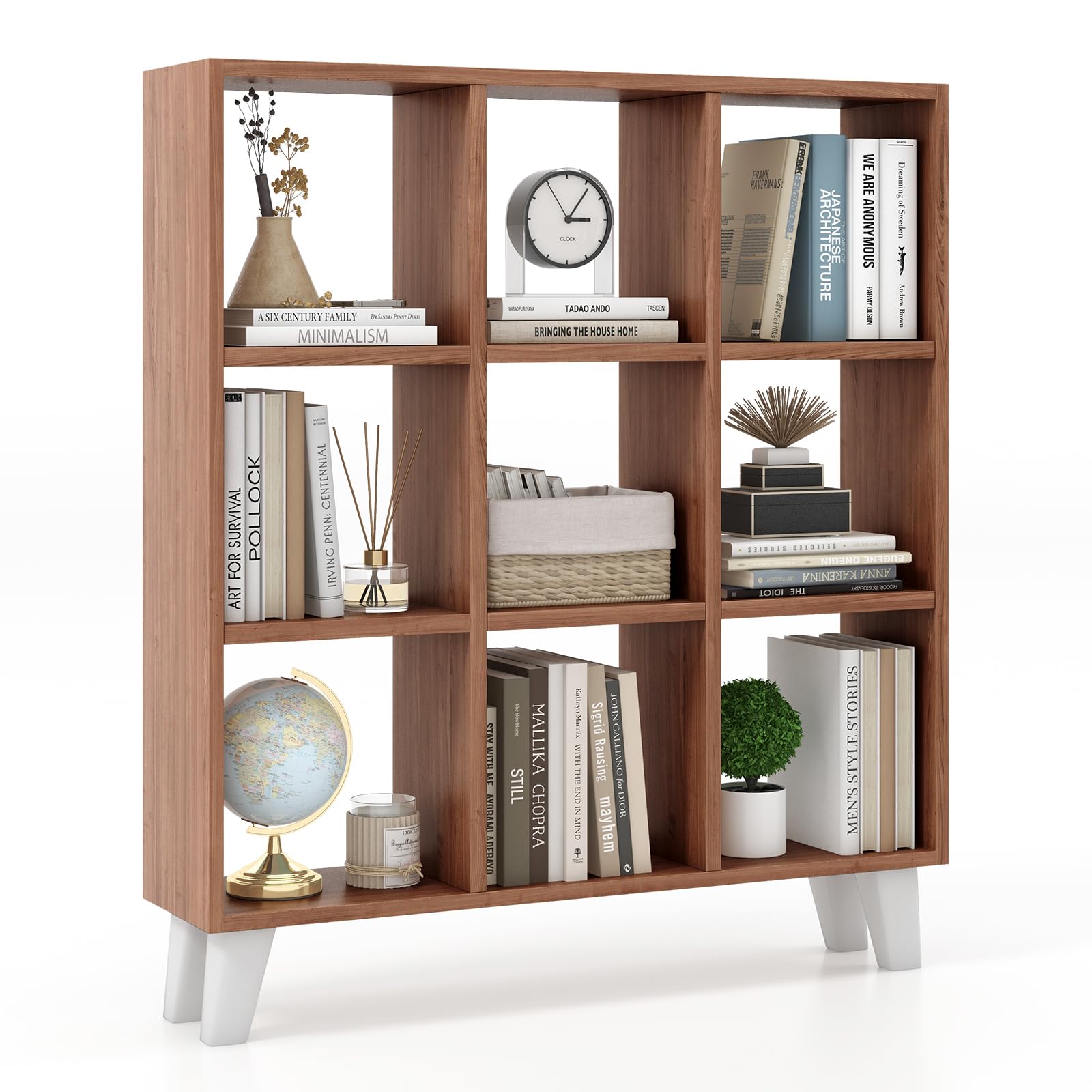 Giantex 9-Cube Open Bookcase, 3-Tier Freestanding Bookshelf with 4 Slanted Legs & 6 Removable Shelves