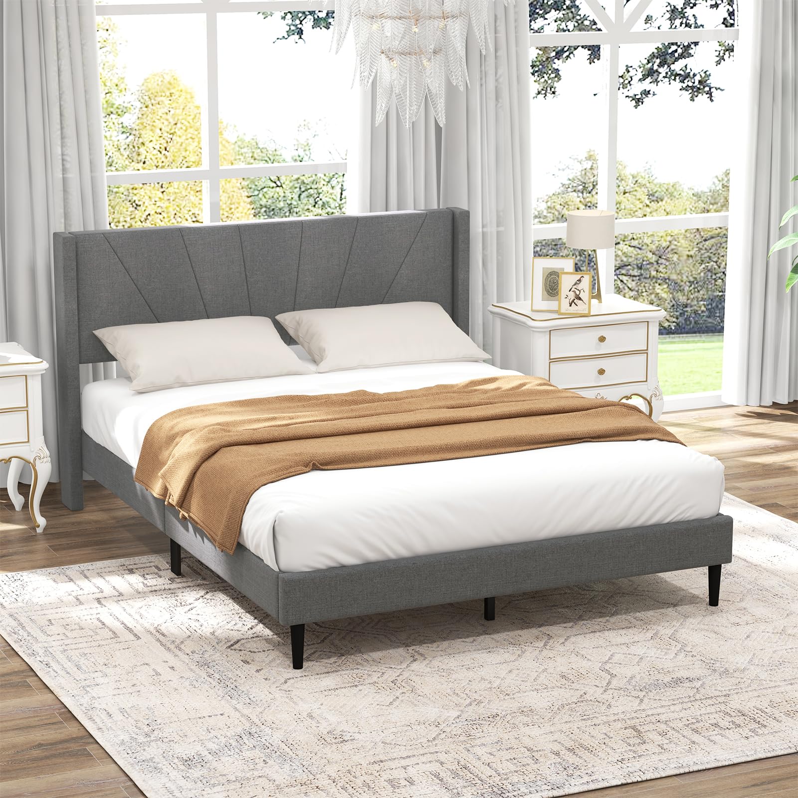 Giantex Bed Frame, Modern Linen Upholstered Platform Bed with Wingback Headboard