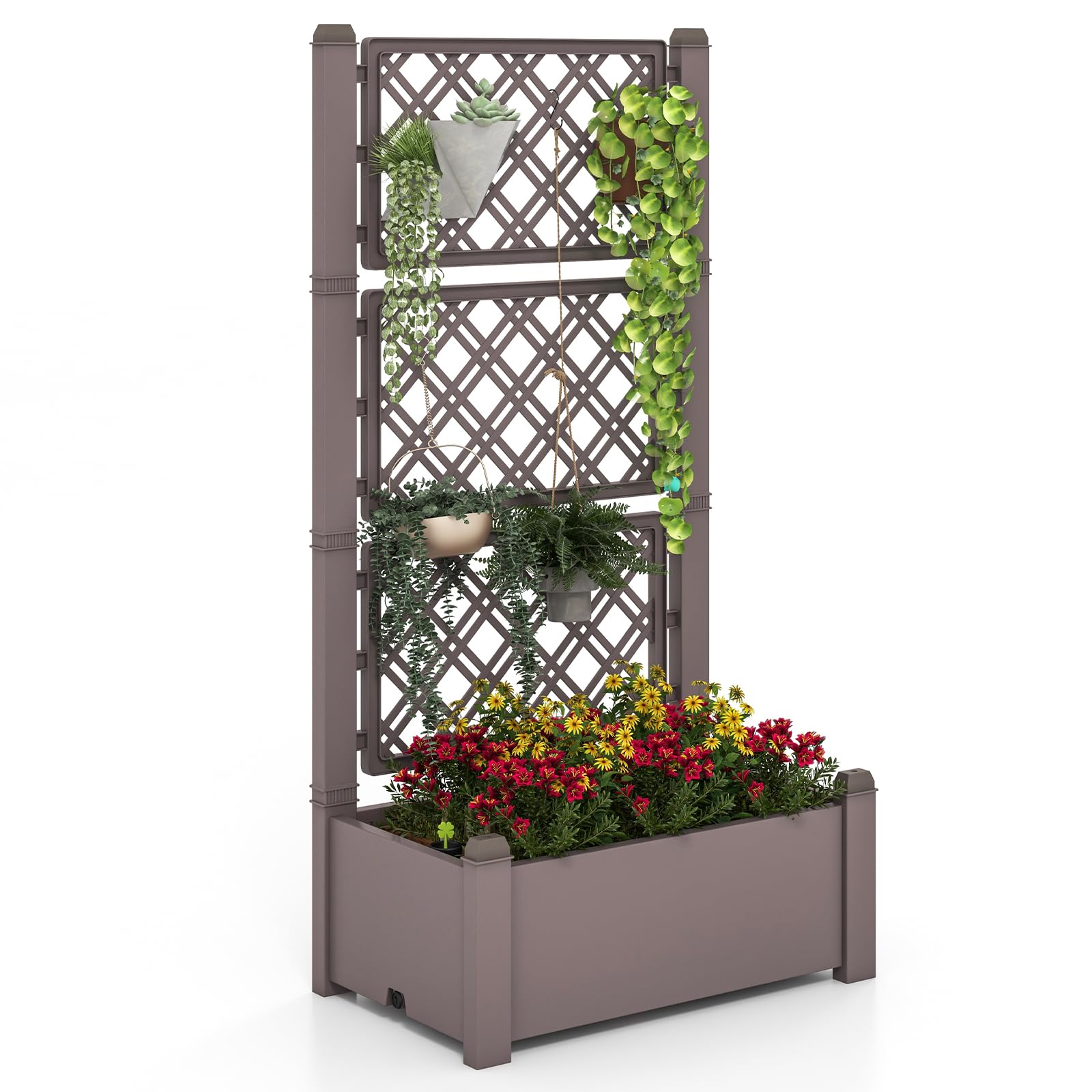 Giantex Raised Garden Bed with Trellis 59”, Self-Watering Planter Box with Water Level Indicator & Removable Space Dividers