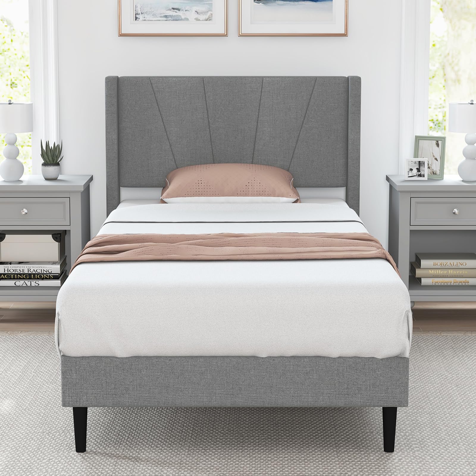 Giantex Bed Frame, Modern Linen Upholstered Platform Bed with Wingback Headboard