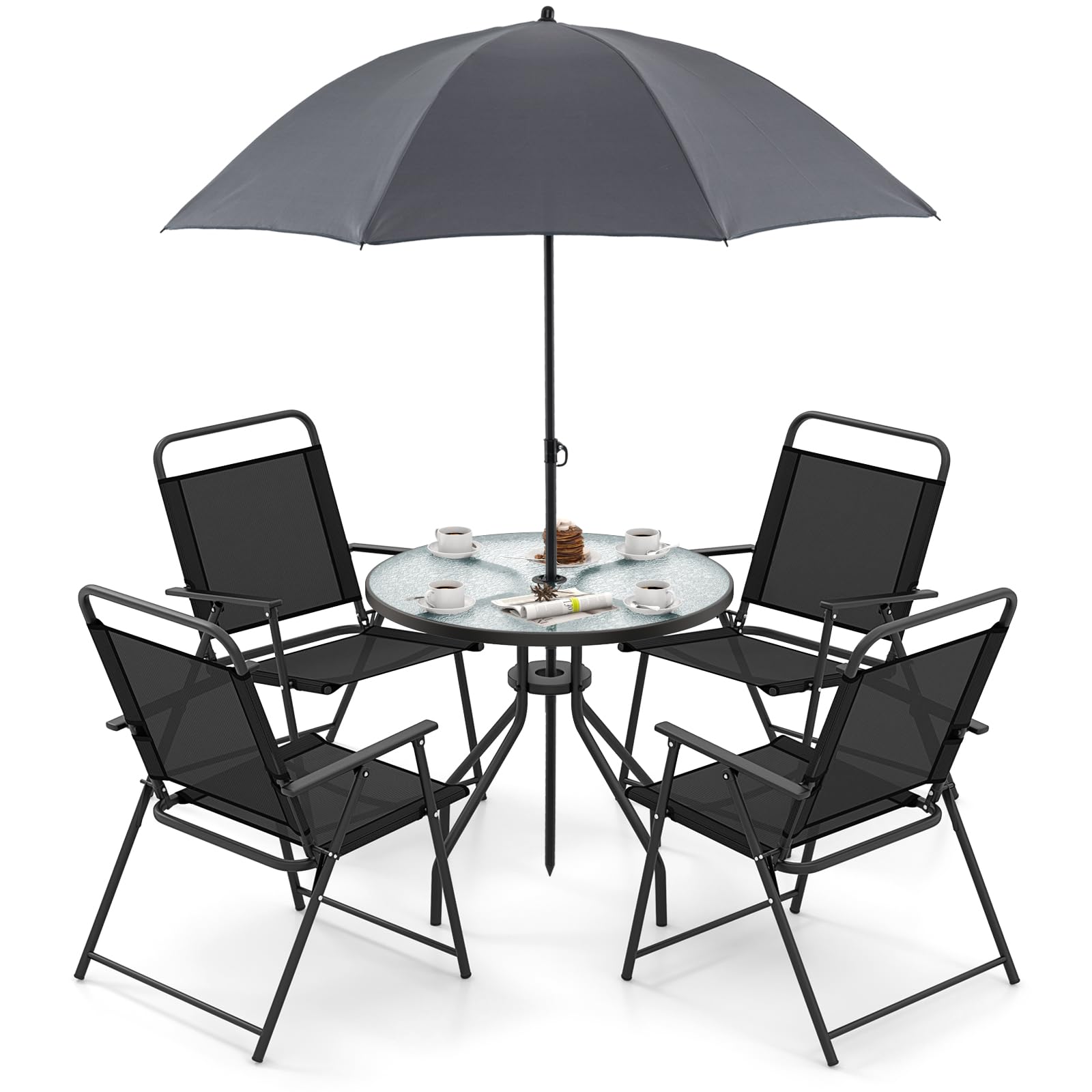 Giantex 6 Pieces Patio Dining Set, Folding Patio Chairs Set of 4, Tempered Glass Umbrella Table with Hole