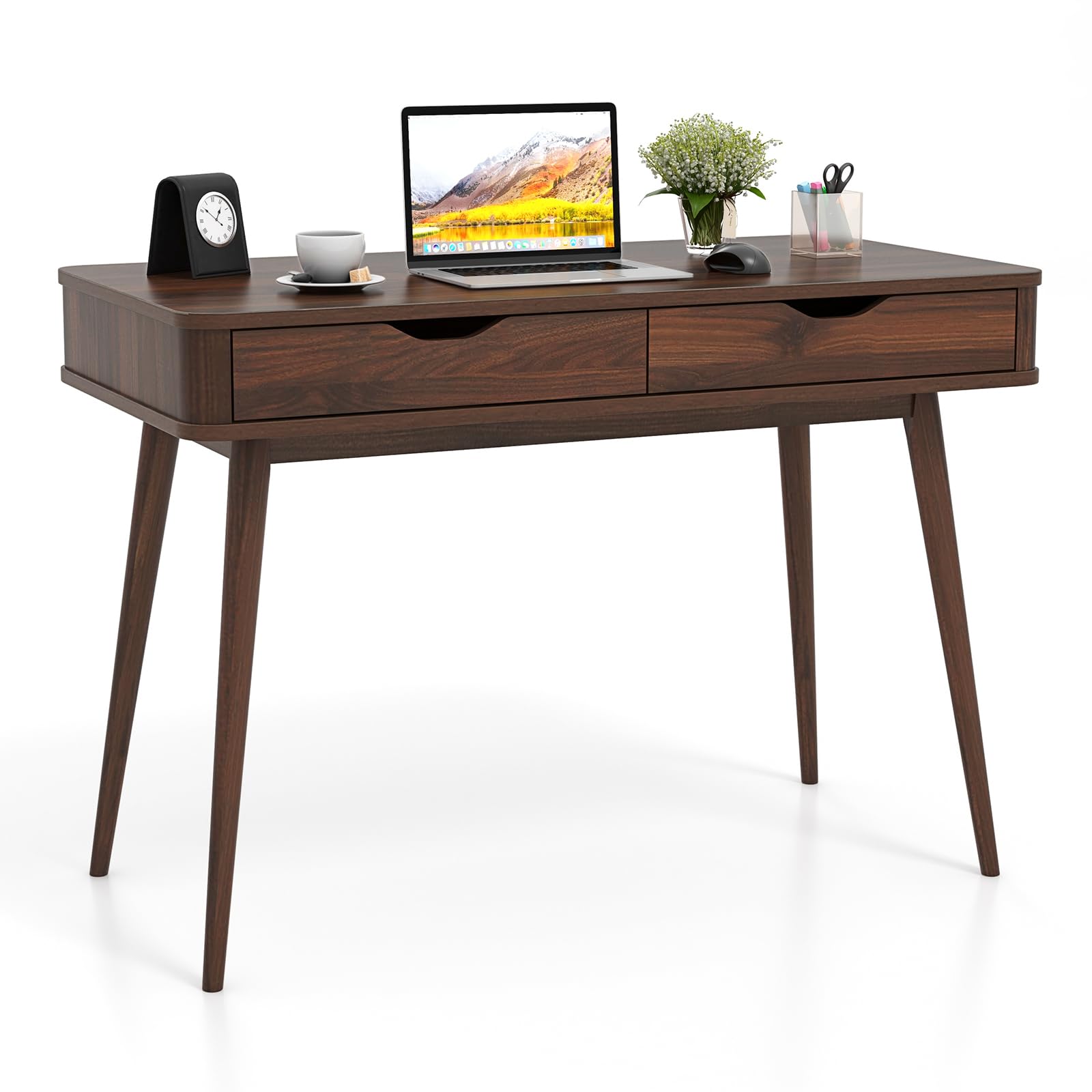 Giantex Mid-Century Desk with 2 Drawers, 43.5" Writing Study Desk with Solid Rubber Wood Legs