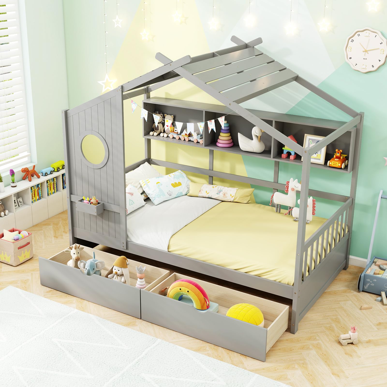 Giantex Twin House Bed with 2 Storage Drawers, Kids Bed Frame with Storage Cubes, Montessori Bed with Fence Guardrails & Roof