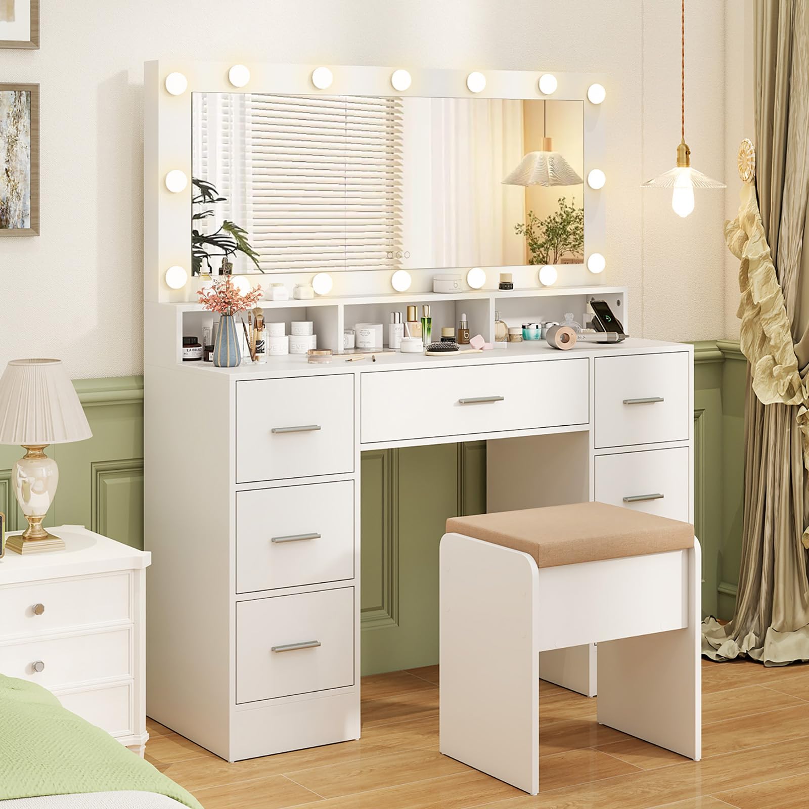 Vanity Desk with Large Mirror and Lights, 46.5" Makeup Vanity Desk with 7 Drawers