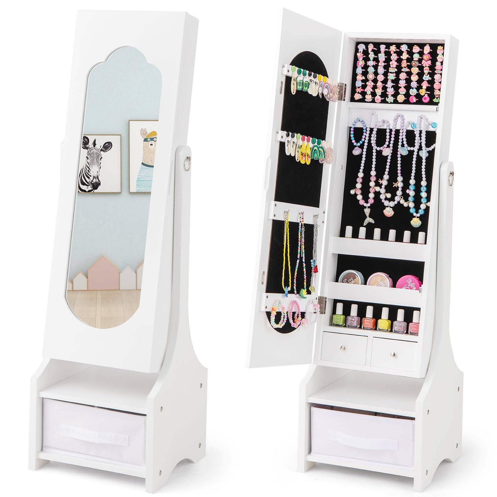 CHARMAID Kids Mirror Jewelry Armoire Cabinet - Standing jewelry Organizer for Girls