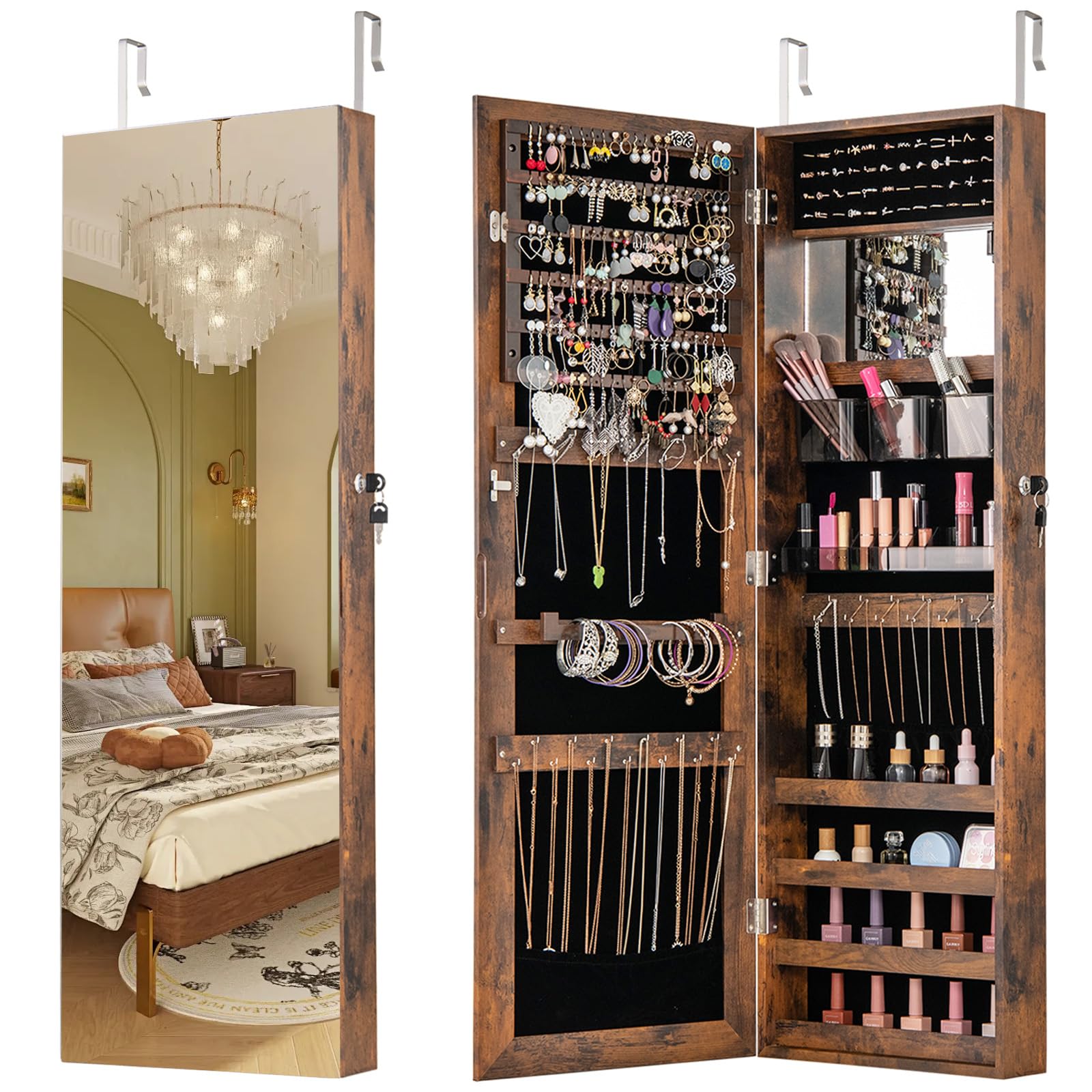 CHARMAID Jewelry Cabinet Wall or Door Mounted, Hanging Lockable Jewelry Armoire Storage with Full Length Mirror