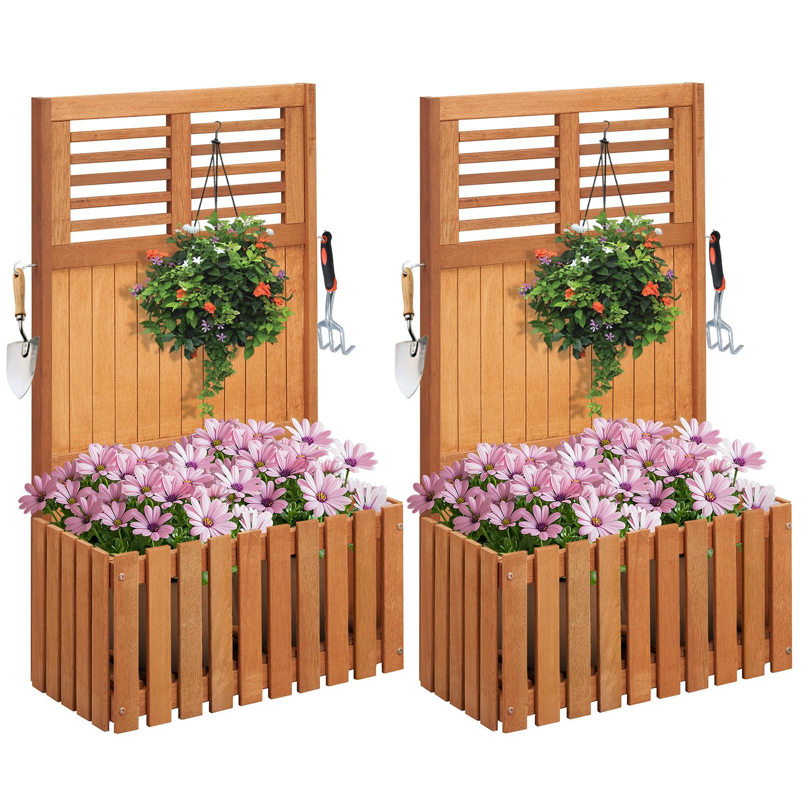 Giantex Set of 1/2 Raised Garden Bed with Trellis, 41” Wooden Potted Plant Box w/Privacy Screen