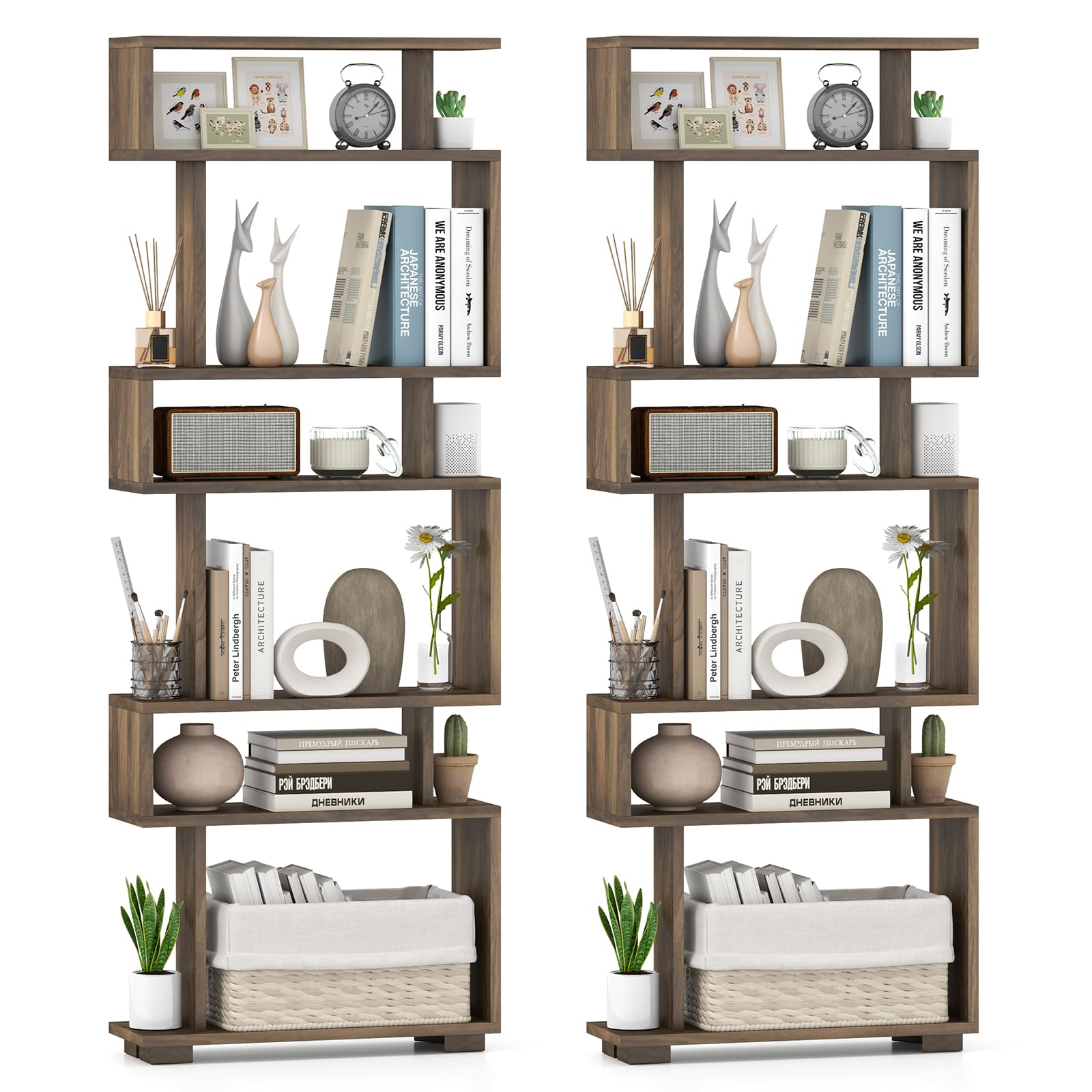 Giantex 6-Tier Geometric Bookcase Set of 1/2 64" Tall S-Shaped Bookshelf