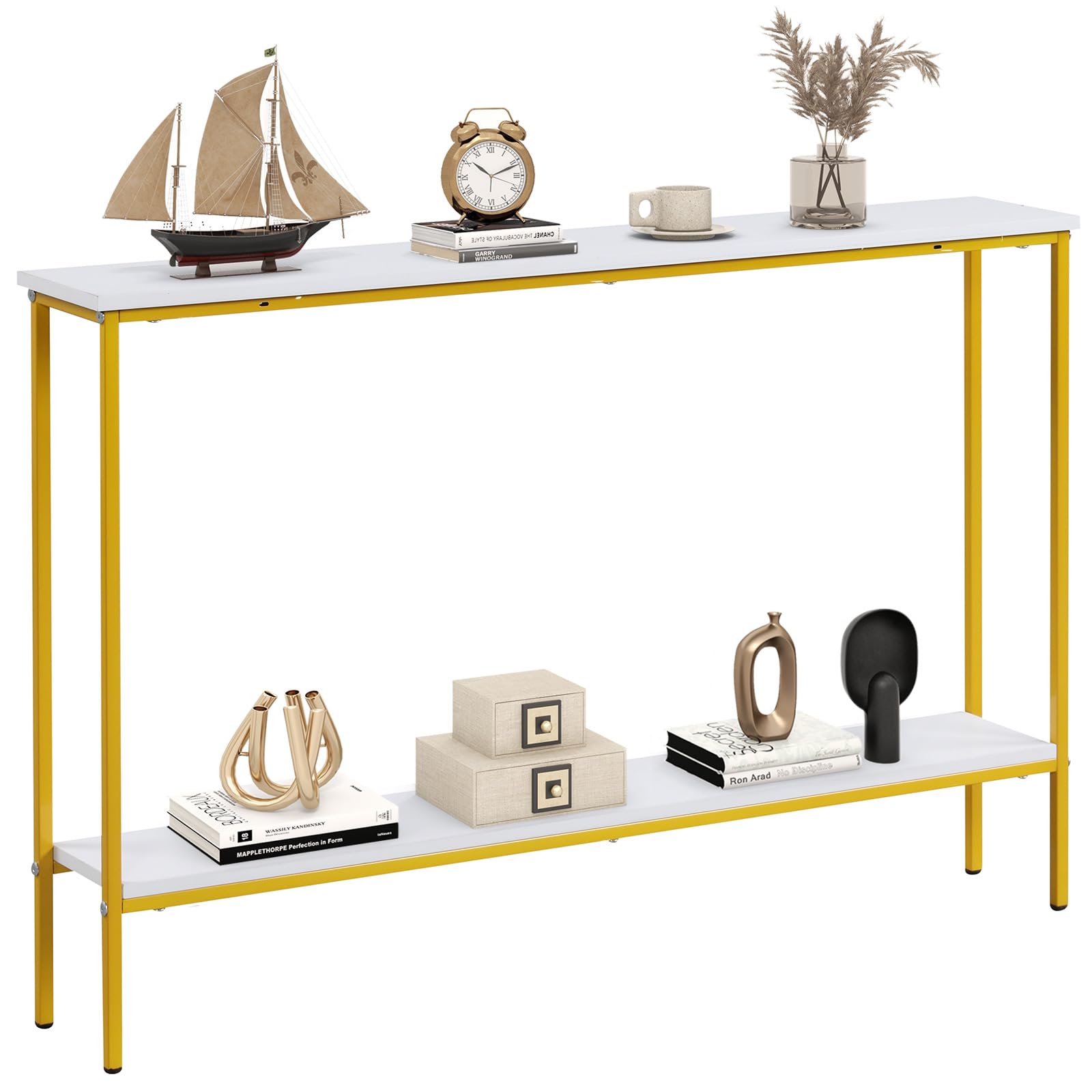 Giantex Gold Console Table with Shelf, 44" Narrow Entryway Table w/Dual Anti-Tipping Kits & Golden Metal Frame