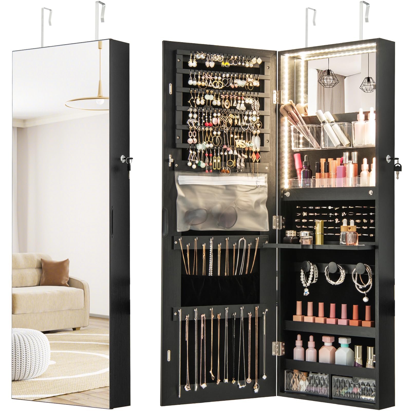 CHARMAID Mirror Jewelry Cabinet, Wall Mounted Door Hanging, Lockable Jewelry Armoire with Full Length Mirror