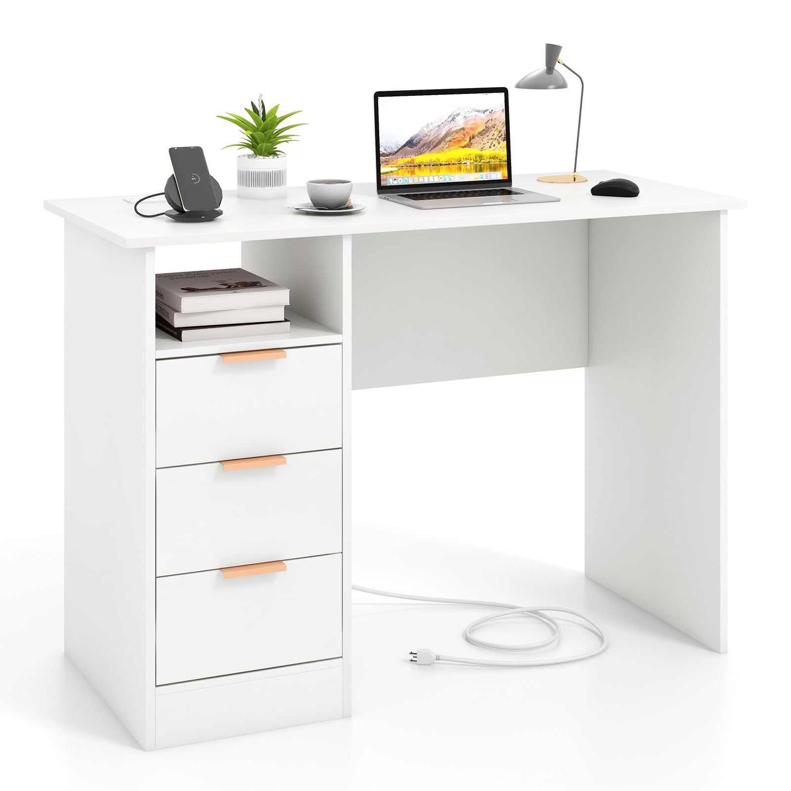 Giantex White Desk with Drawers, Modern Home Office Desk Writing Study Desk with Charging Station