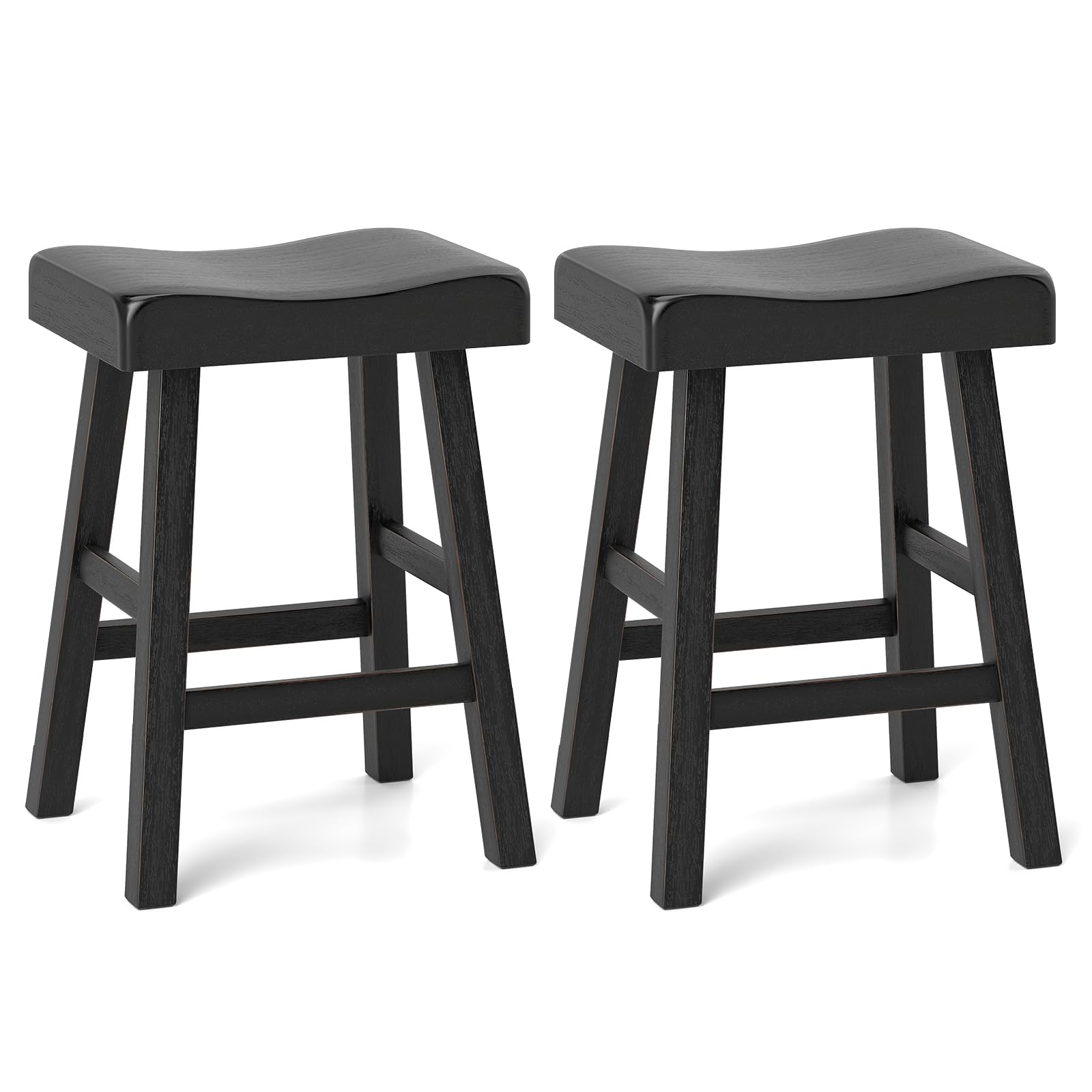 Giantex 24" Bar Stools Set, Counter Height Saddle Bar Stools w/Footrests, Acacia Wood Seats, Rubber Wood Crossbars