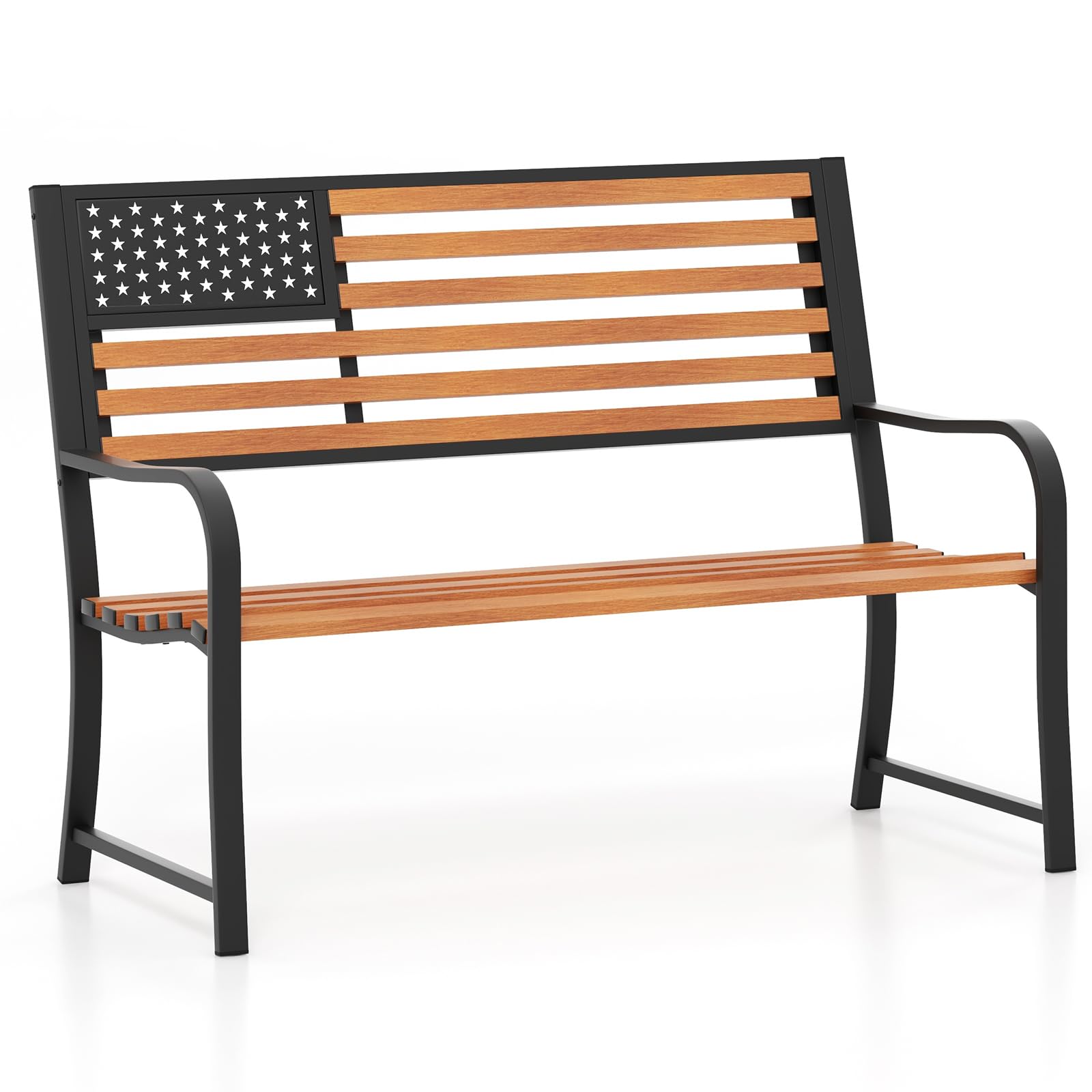 Giantex Outdoor Bench, 2-Person Metal Garden Bench with American Flag Backrest