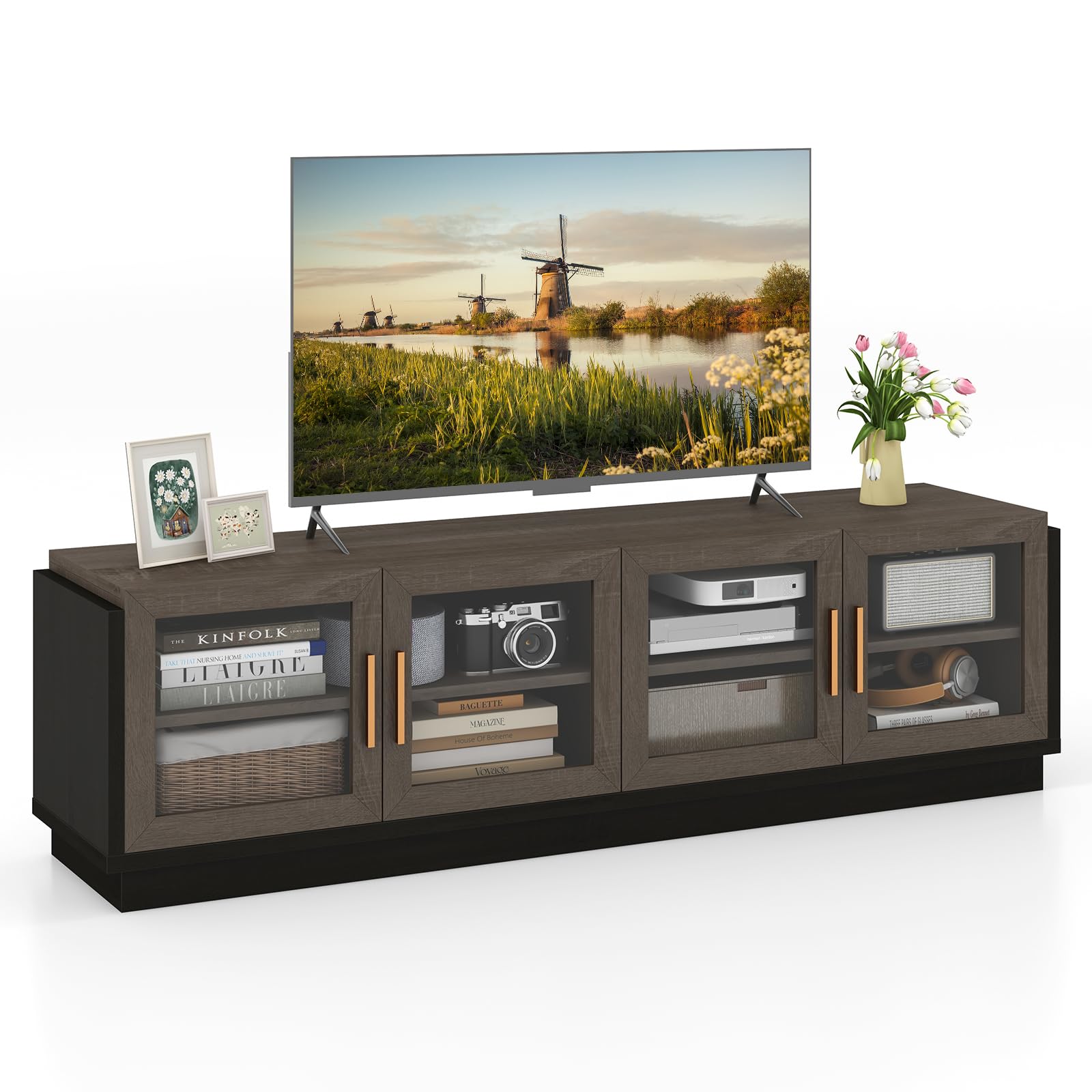 Giantex Large TV Stand for TVs up to 75”, Entertainment Center with 4 Tempered Glass Doors