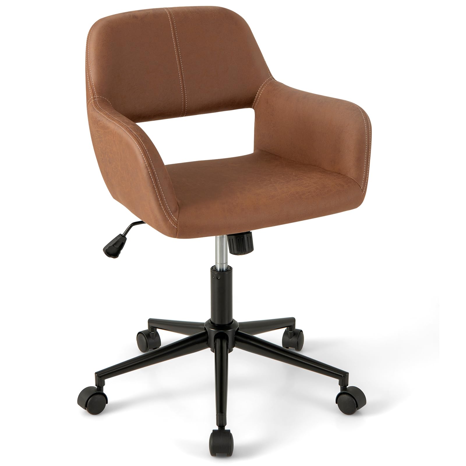 Giantex Modern Desk Chair Brown, Faux Leather Home Office Chair with Arms, Adjustable Swivel Task Chair