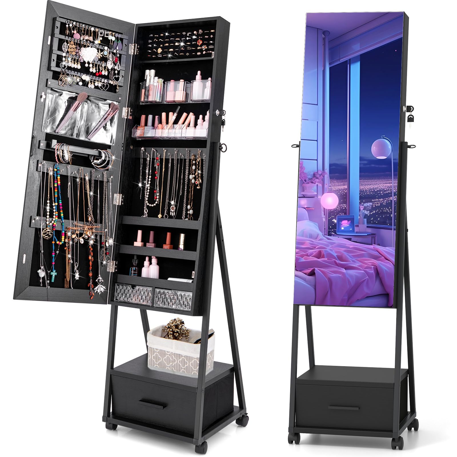 CHARMAID Rolling Jewelry Cabinet with Full Length Mirror, Lockable Standing Jewelry Armoire with Wheels