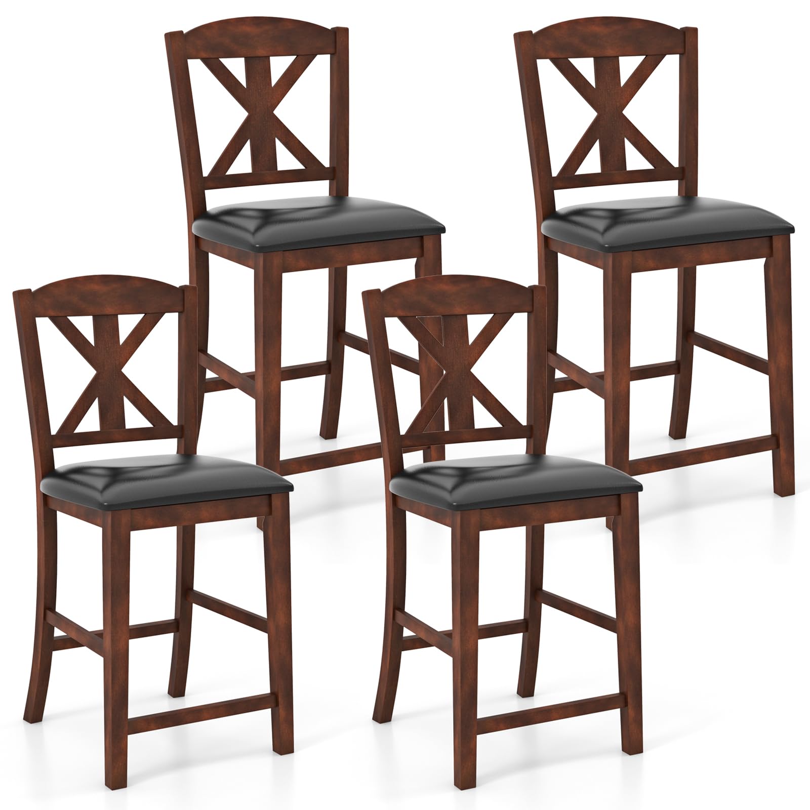 Giantex Wood Bar Stools Set, 24" Upholstered Counter Height Bar Chairs w/Hollowed High Back