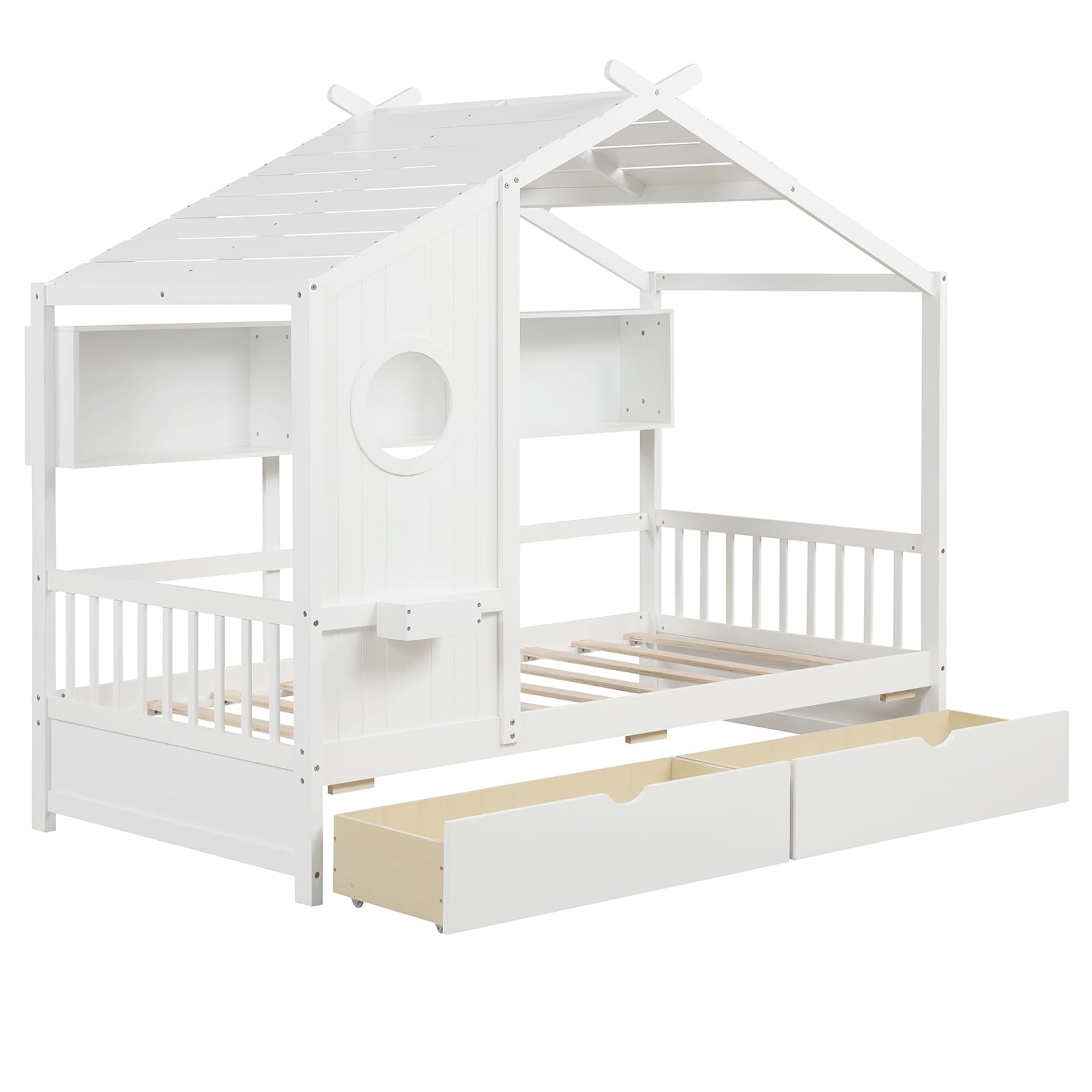 Giantex Twin House Bed with 2 Storage Drawers, Kids Bed Frame with Storage Cubes, Montessori Bed with Fence Guardrails & Roof