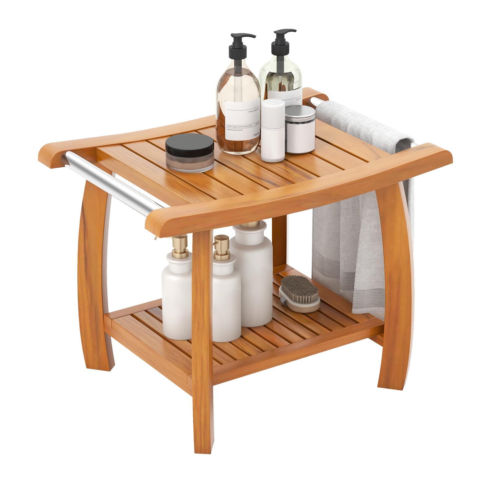 Gaintex Teak Shower Bench with Handles and Storage Shelf, Teak Shower Stool for Shaving Legs, Non-Slip Foot Pads