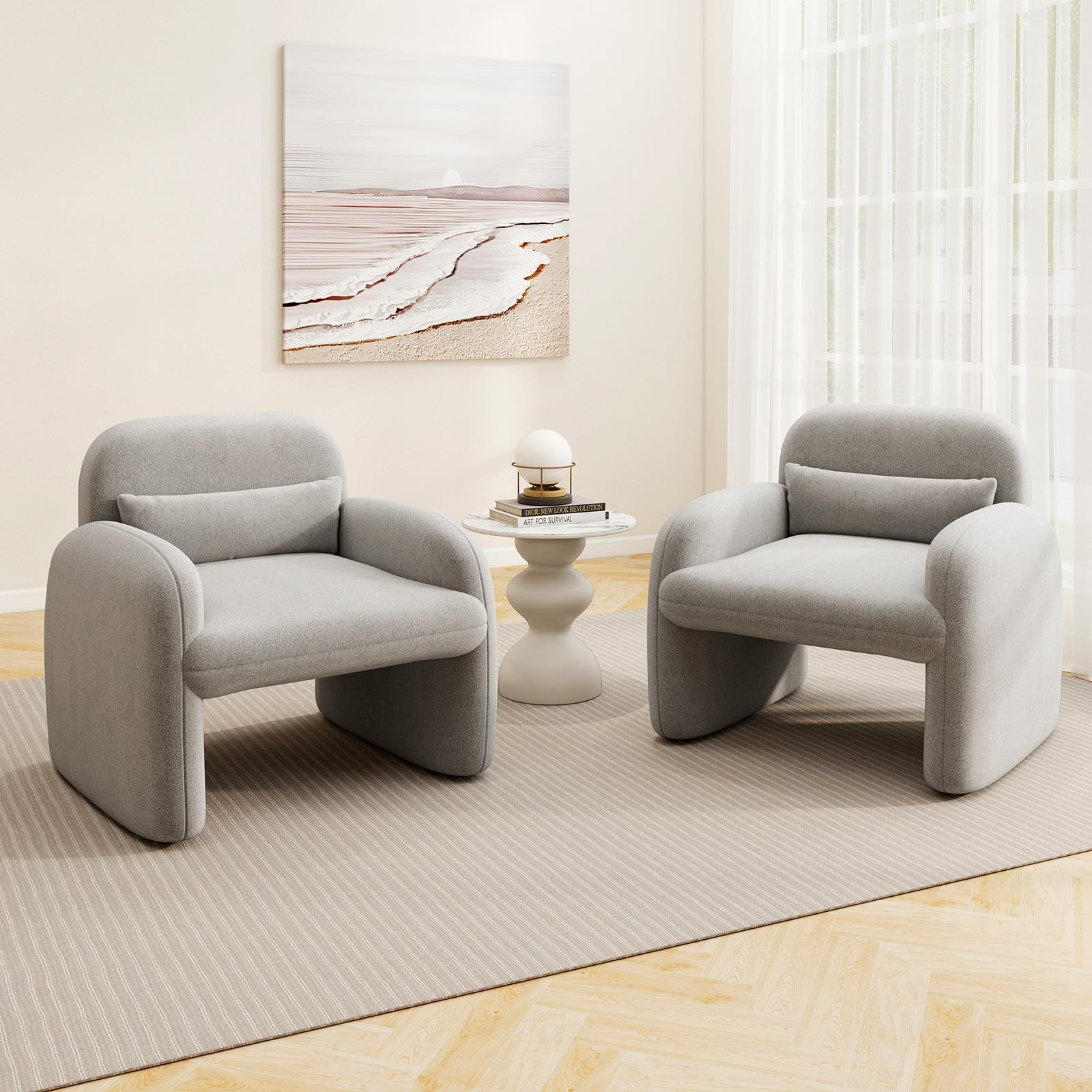 Giantex Modern Accent Chair for Living Room, Sherpa Fabric Upholstered Armchair w/Waist Pillow, Comfy Reading Chair w/Armrests